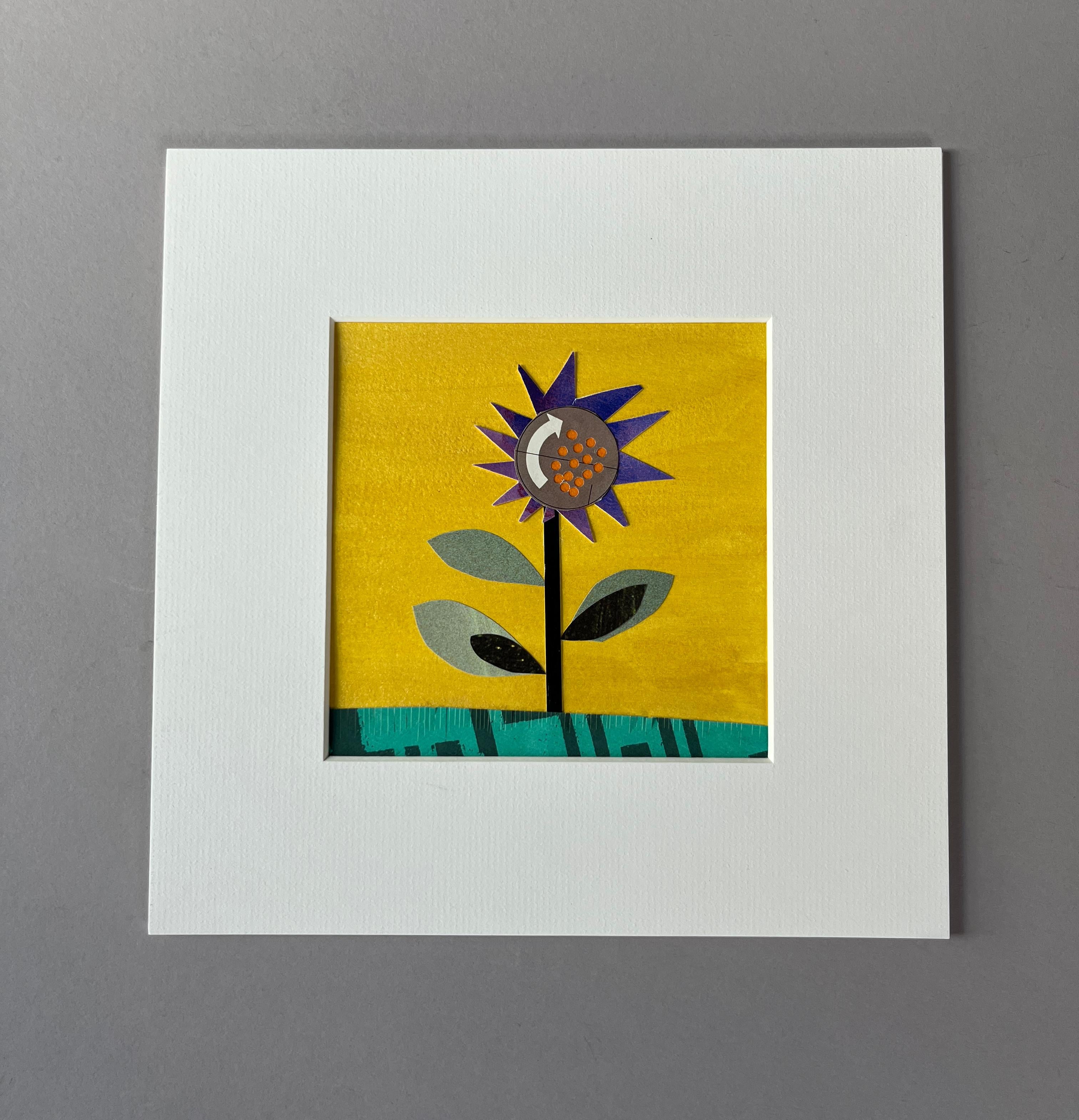 <p>Commenti dell'artista<br>Un collage raffigura un iris in fiore su un vivace sfondo giallo. Esplora l'intersezione tra crescita naturale e ritmo meccanico attraverso l'astrazione geometrica. Il movimento circolare al centro del fiore rappresenta