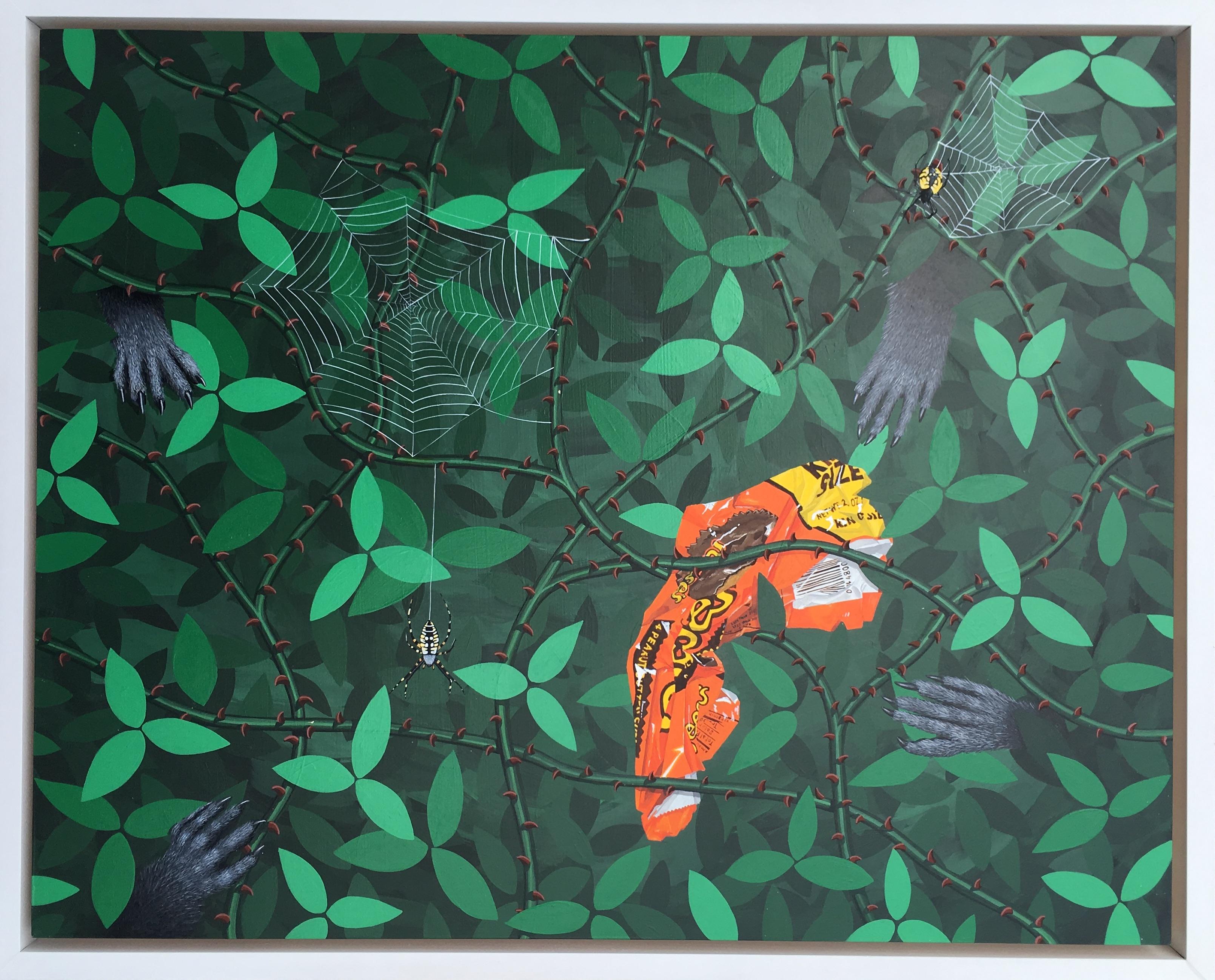 John Garrett Slaby Animal Painting - Plastic Passion, acrylic & flashe on panel, landscape, figurative, candy wrapper