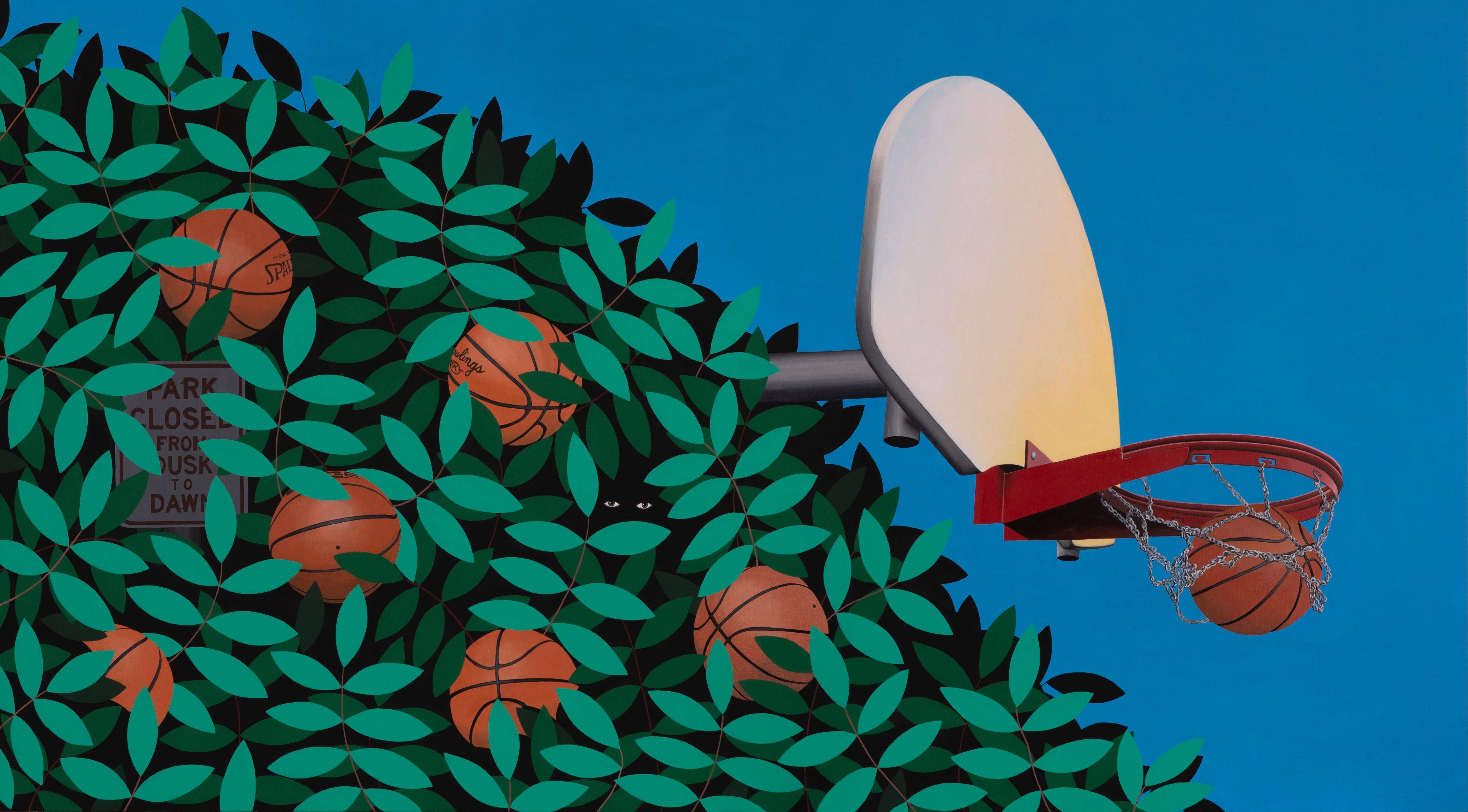 John Garrett Slaby Landscape Print - Parable (poster print); basketball, foliage, sky, blue & green