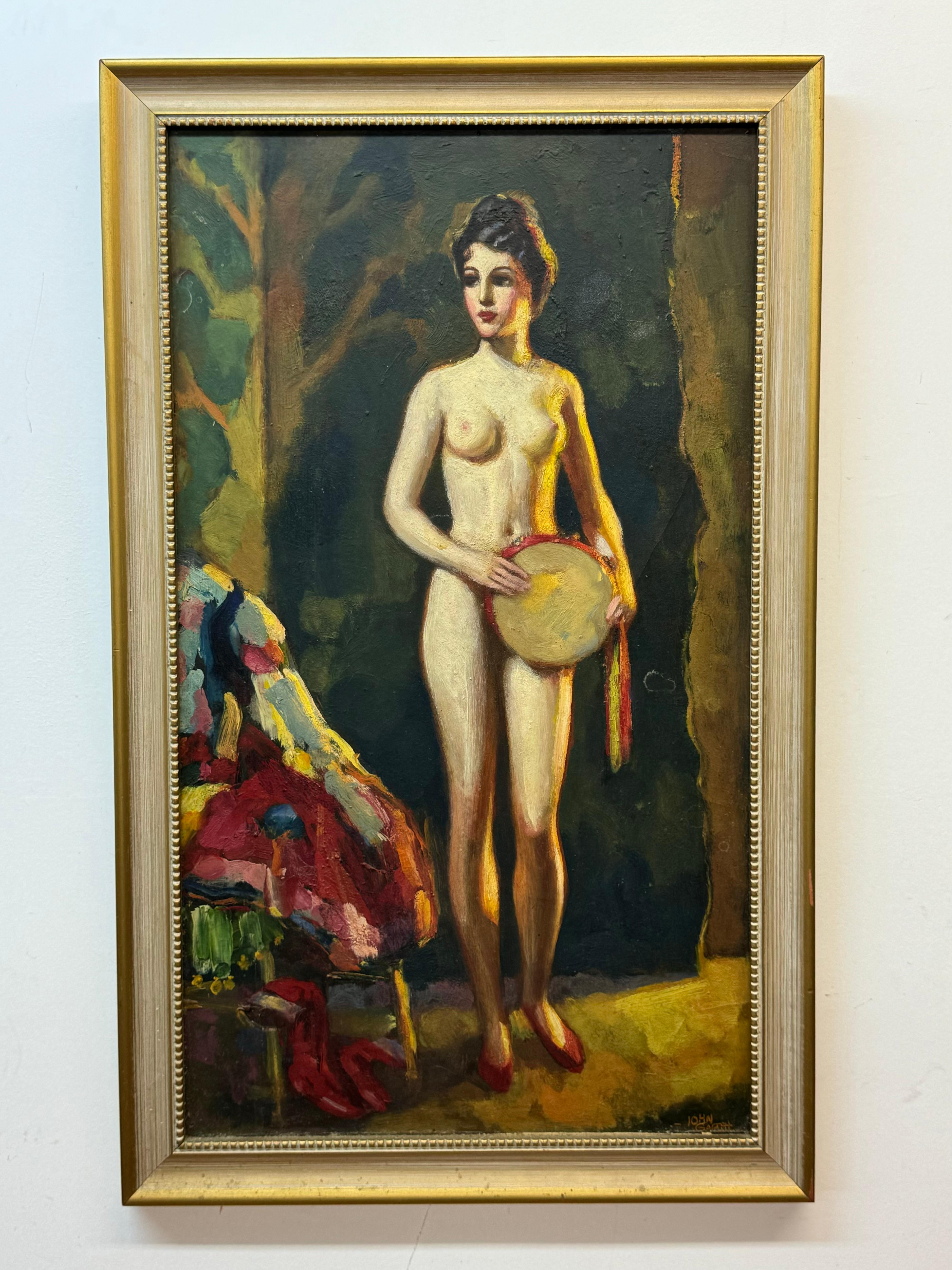 John Garth (1889-1971). female, nude, painting by prolific California artist widely recognized for his astonishing murals. Oil on canvas board. 14 x 24.5 unframed, 16.5 x 27 framed.