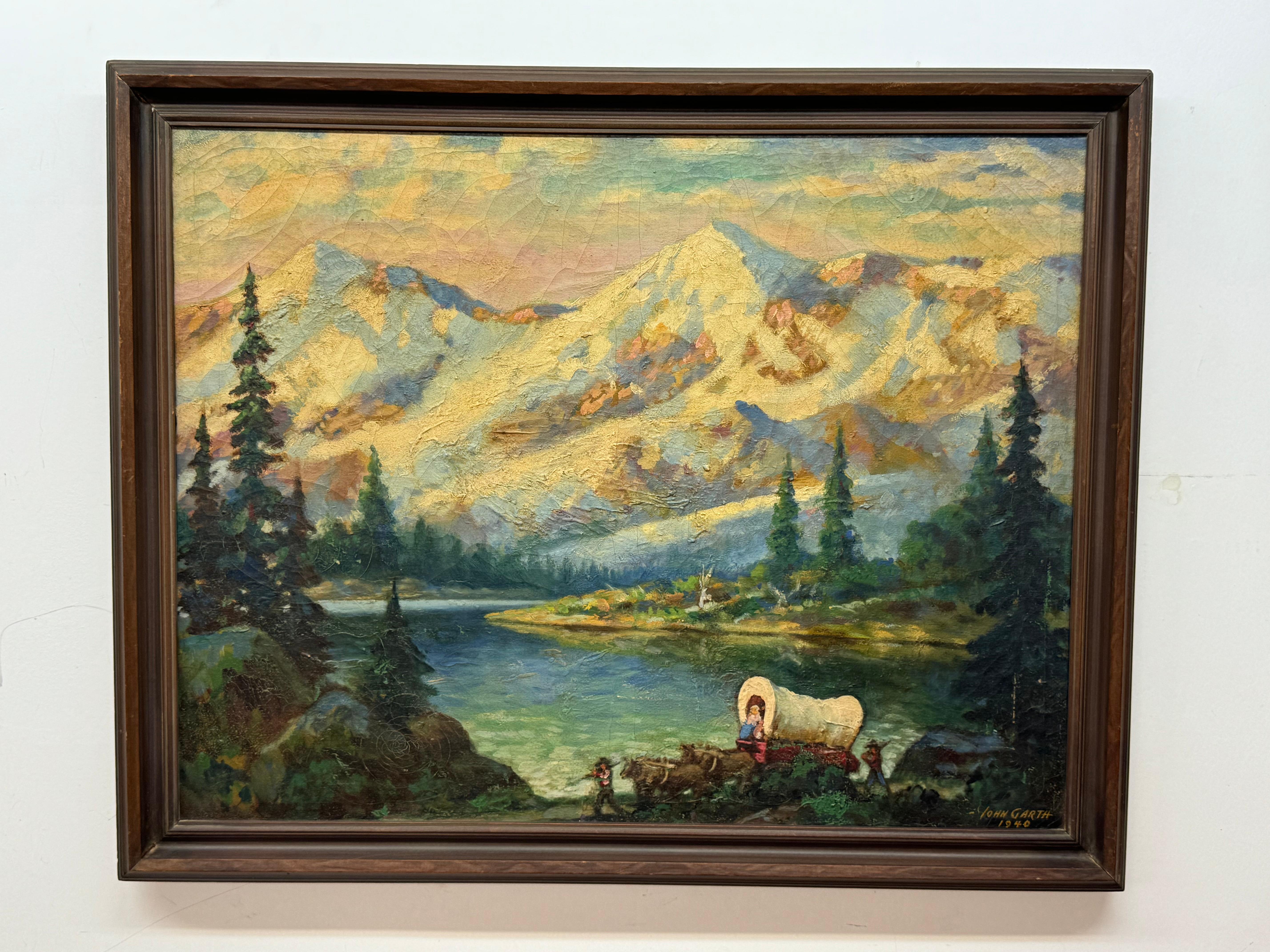 John Garth (1889-1971) Mountain landscape painting with lake and Travelers

Oil on canvas

1940

22 x 28.5 unframed, 27.75 x 31.75 framed


