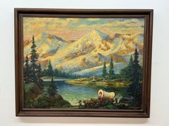 Vintage John Garth (1889-1971) Mountain landscape painting with lake and Travelers