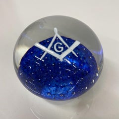 John Gentile Art Glass Paperweight Control Bubble Masonic Royal Blue White 1960s
