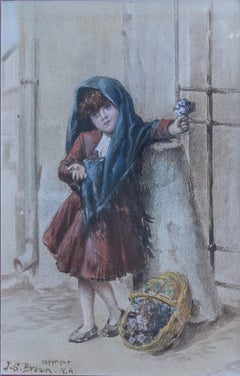 Antique "Flower Girl, " John George Brown, Genre Painting, Street Figure