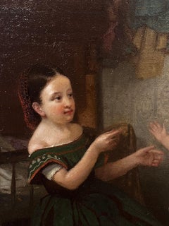 Oil Portrait of Child and Baby Sisters Playing
