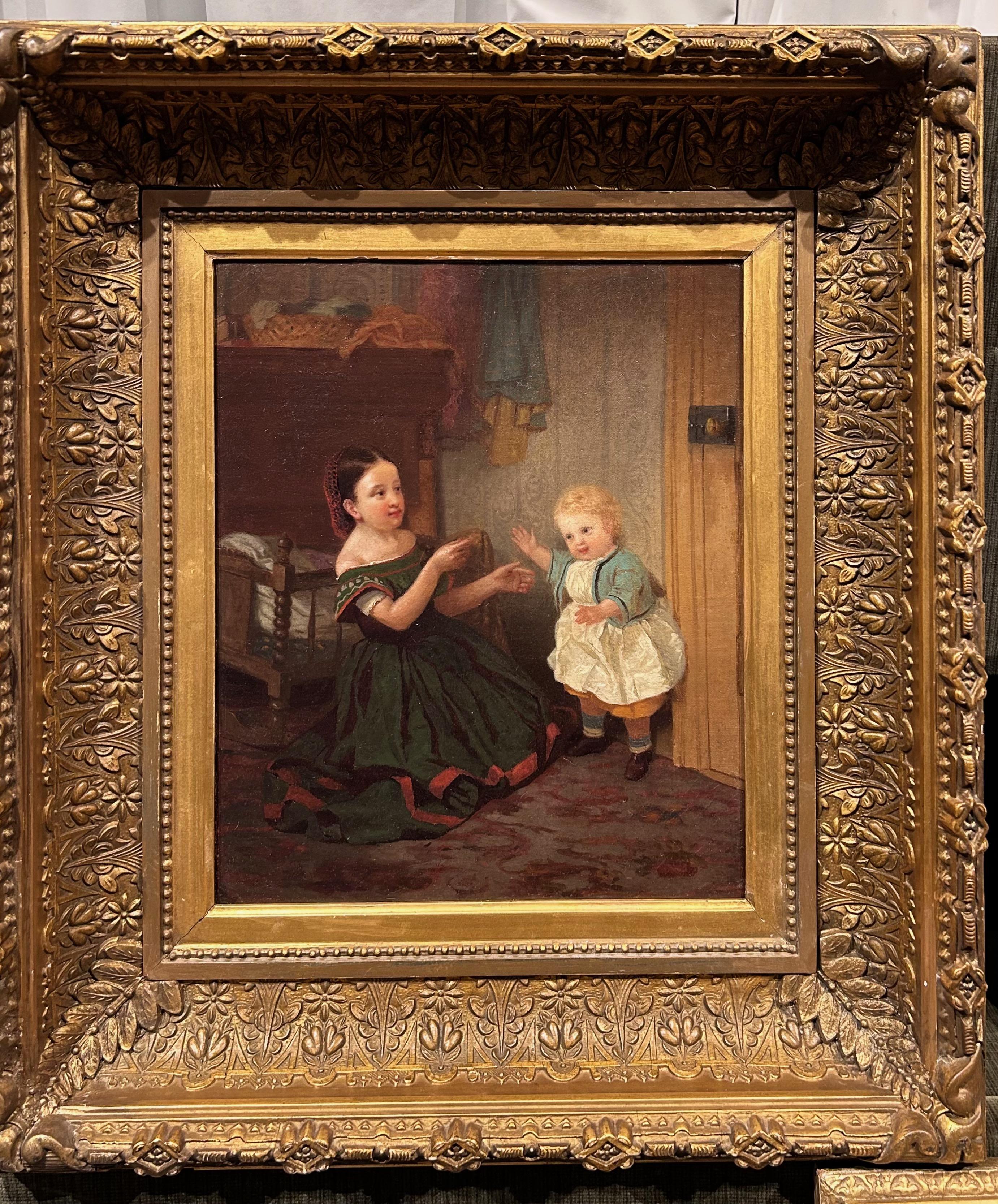 Questo bellissimo dipinto a olio su tela di due sorelle che giocano, opera del famoso artista americano John G Johns, è stato foderato. C'è un leggero ritocco,  ed è stato restaurato da Yost Conservation. Questo pittore americano era specializzato