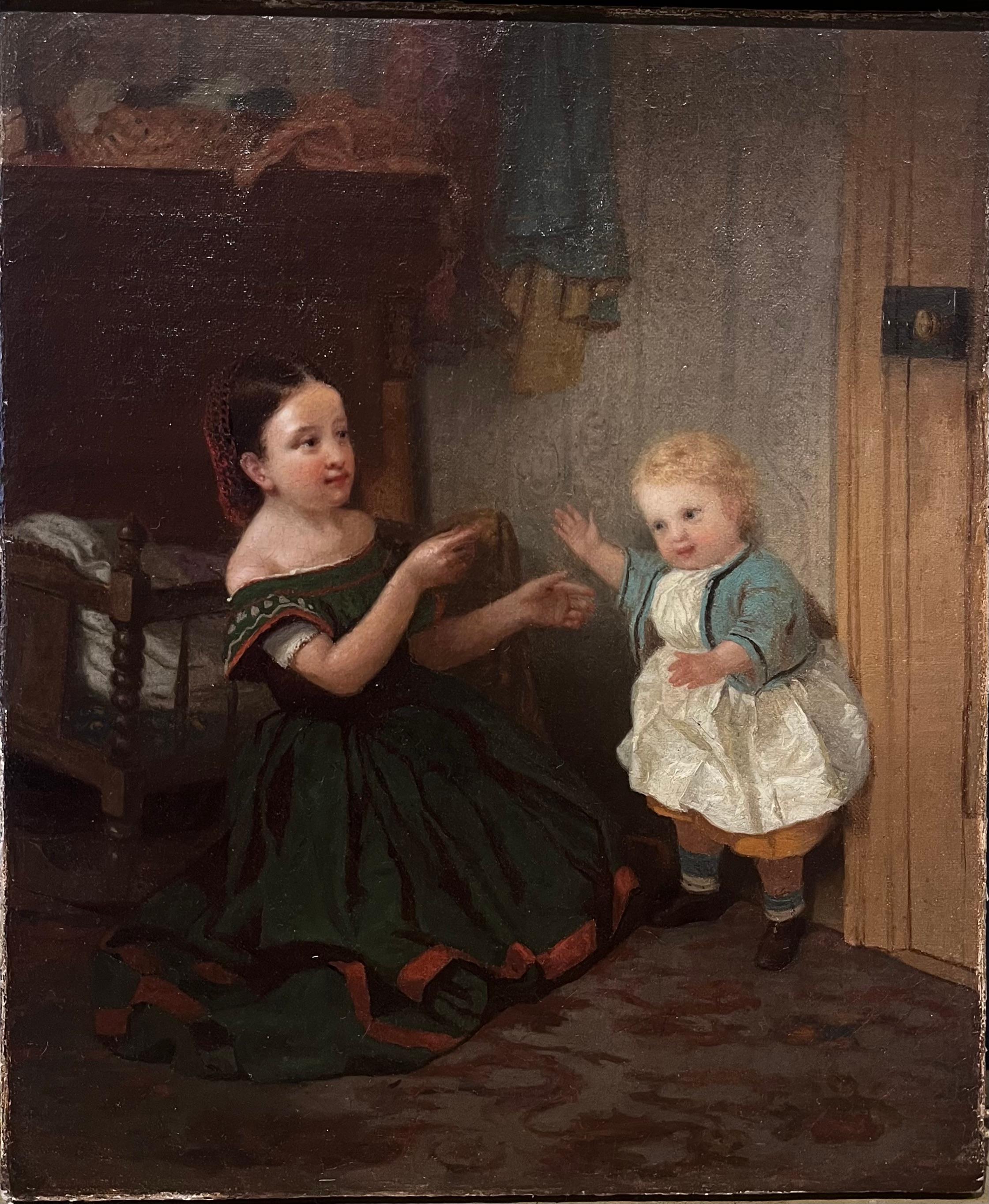 John George Brown Portrait Painting - Oil Portrait of Child and Baby Sisters Playing