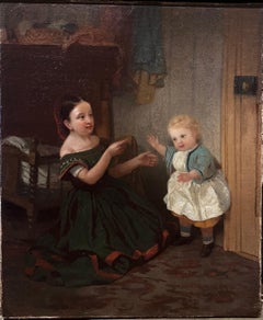 Oil Portrait of Child and Baby Sisters Playing