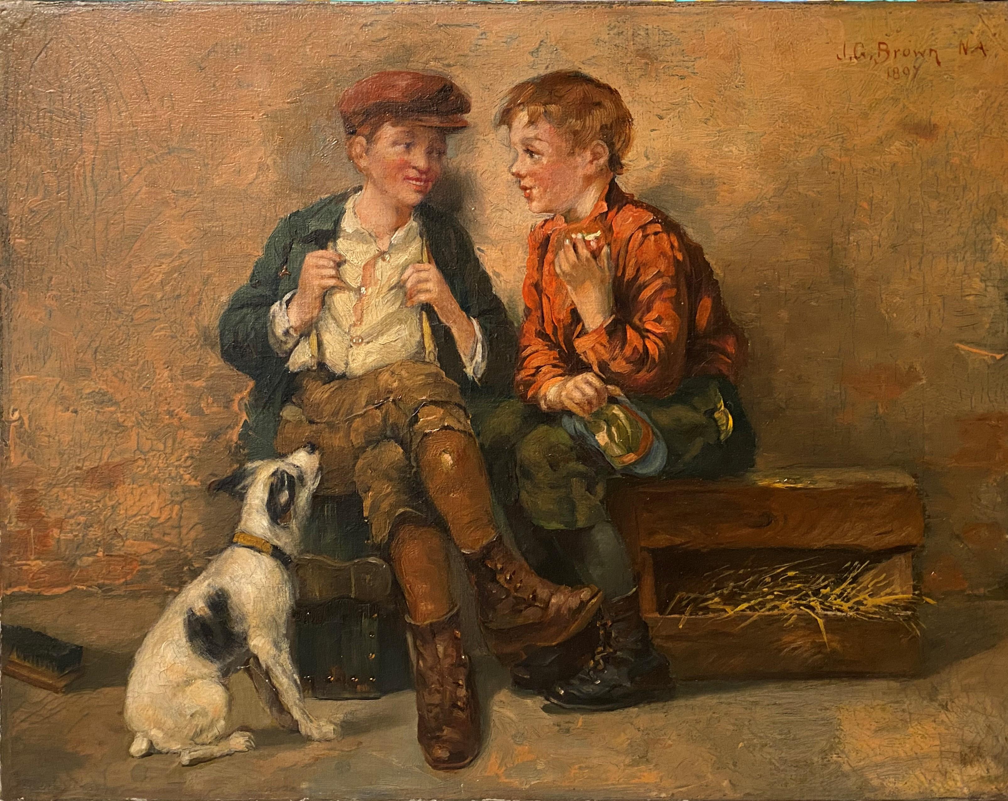 Shoeshine Boys with a Dog 1897 - Painting by John George Brown