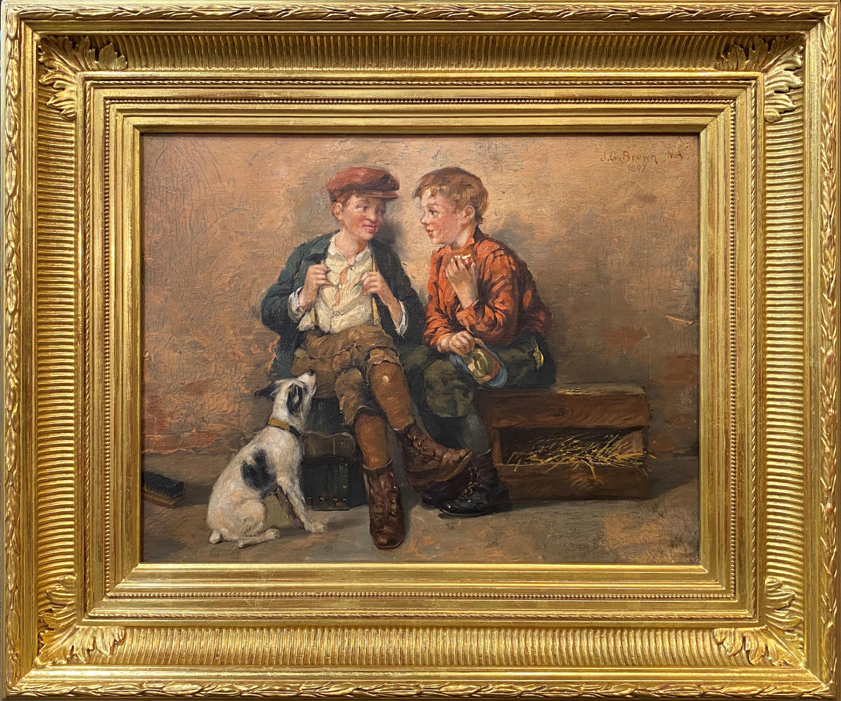 John George Brown Figurative Painting - Shoeshine Boys with a Dog 1897