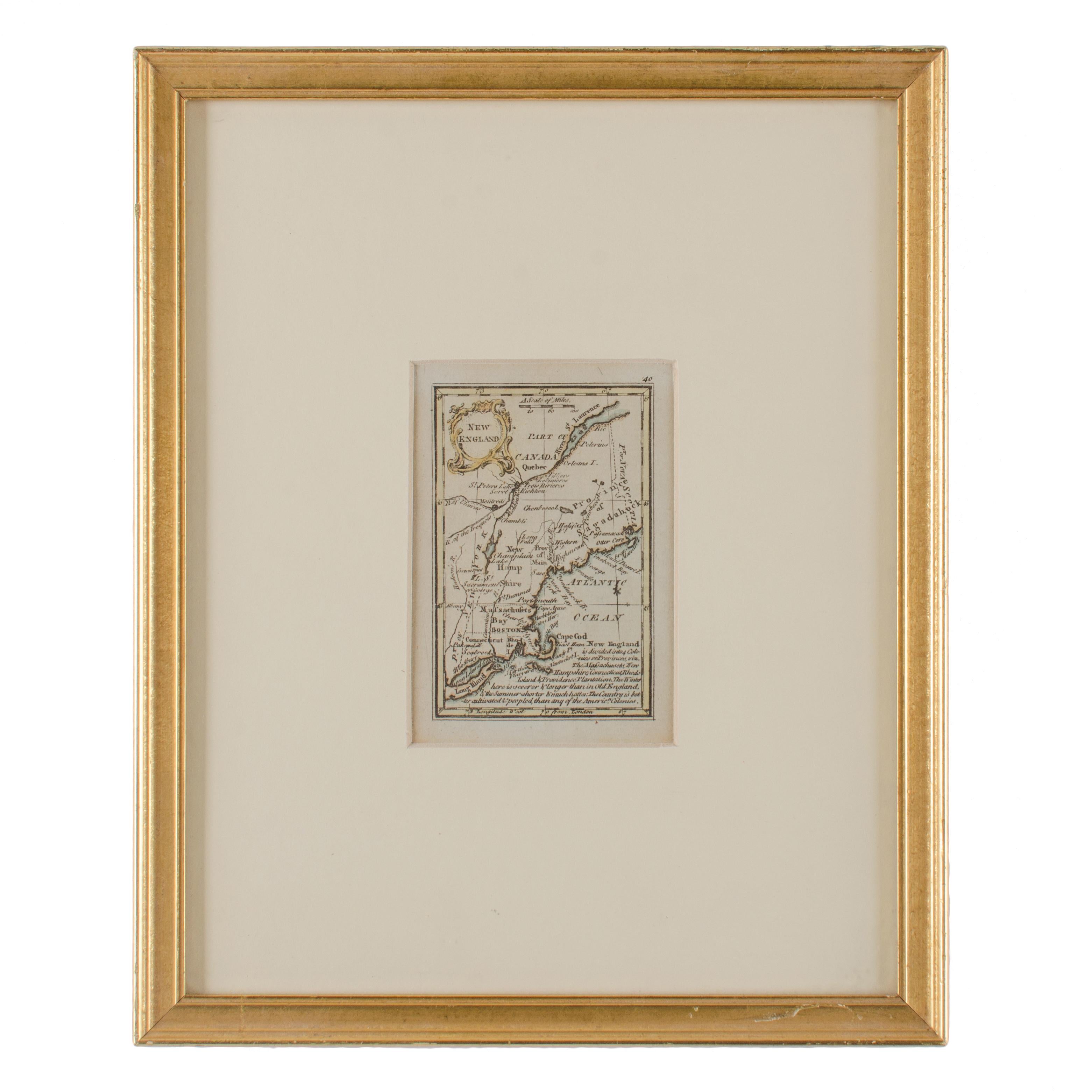 Eine Miniaturkarte von Neuengland aus dem Atlas Minimus von John Gibson aus dem Jahr 1758. 

John Gibson war von 1748 bis 1773 in London als Geograph und Kupferstecher tätig und fertigte zahlreiche Karten an; sein wichtigstes Werk ist der Atlas