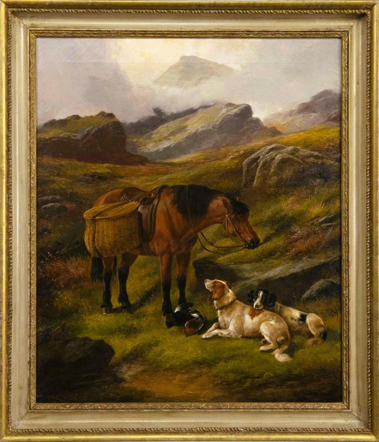 JOHN GIFFORD Paysage de haut plateau, chevaux et chiens, XIXe siècle - Maîtres anciens Painting par John Gifford