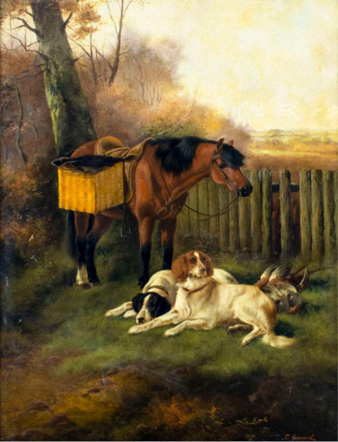 Scottish Keeper’s Pony and Hunting Dogs - Painting by John Gifford