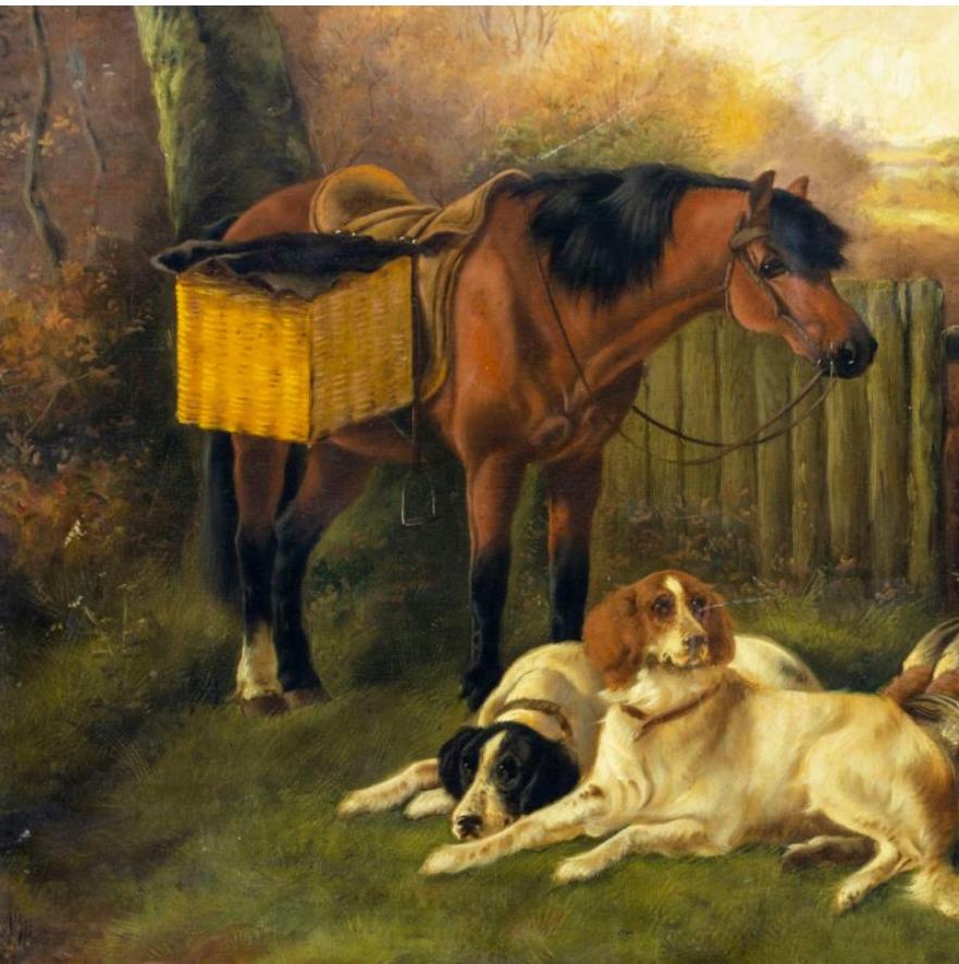 Poni escocés y perros de caza - Painting Escuela inglesa de John Gifford