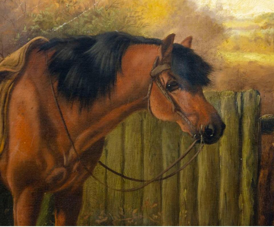 Scottish Keeper's Pony und Jagdhunde (Braun), Landscape Painting, von John Gifford