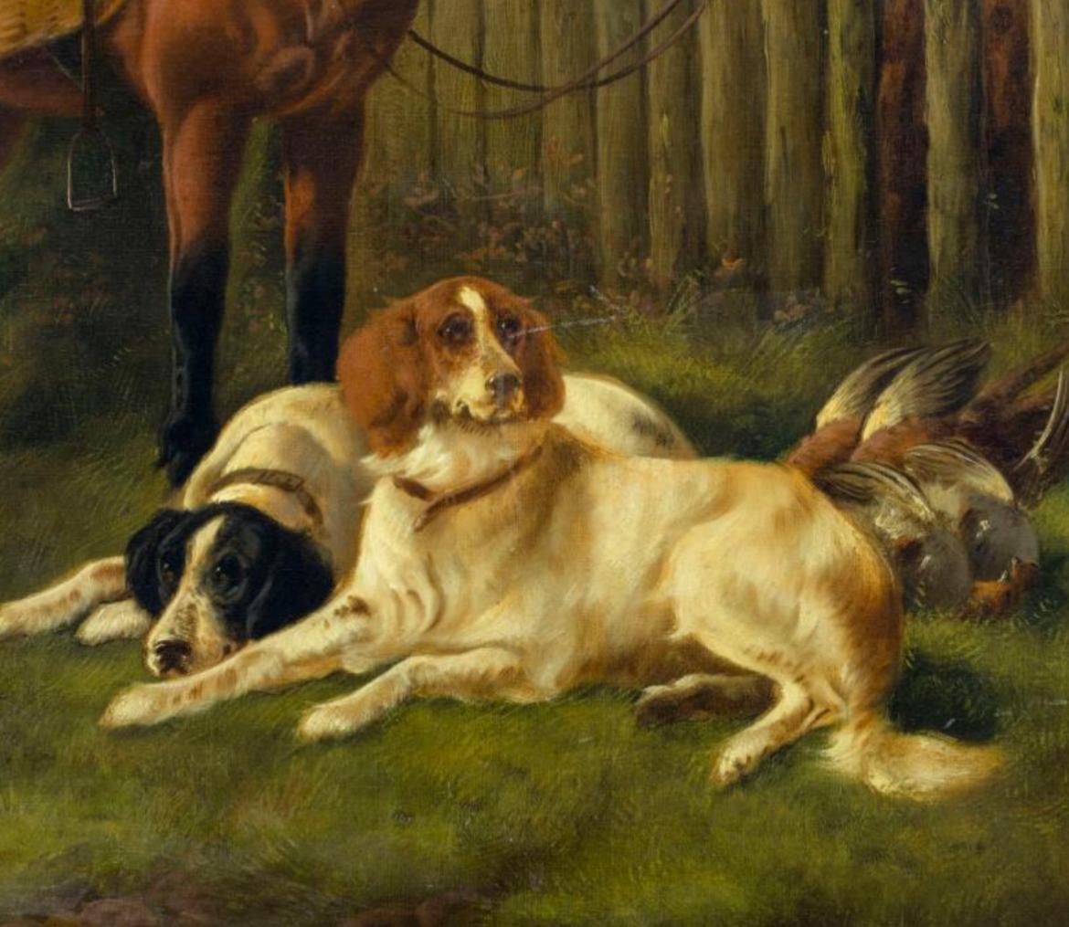 Scottish Keeper’s Pony and Hunting Dogs - Brown Landscape Painting by John Gifford