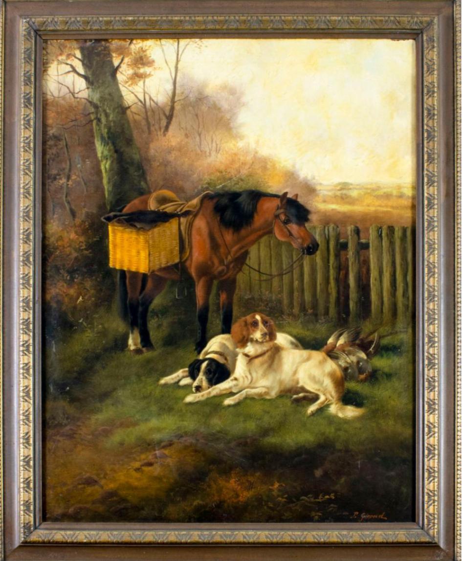 John Gifford Landscape Painting - Scottish Keeper’s Pony and Hunting Dogs