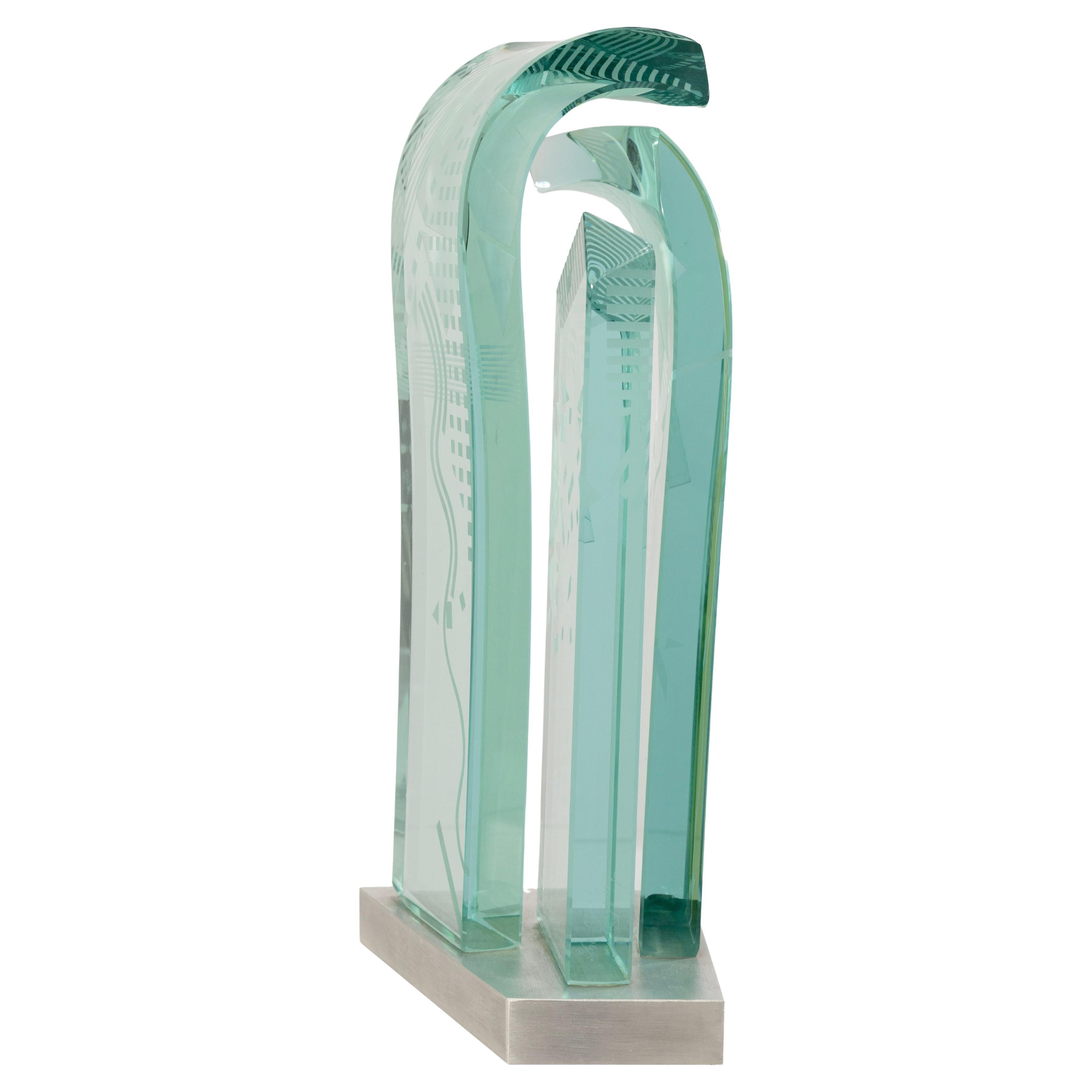 John Gilbert Luebtow Signed Abstract Postmodern Glass Sculpture on Metal Base