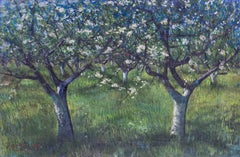 1955 British oil painting of an apple orchard by John Gilbey Bowles, in green