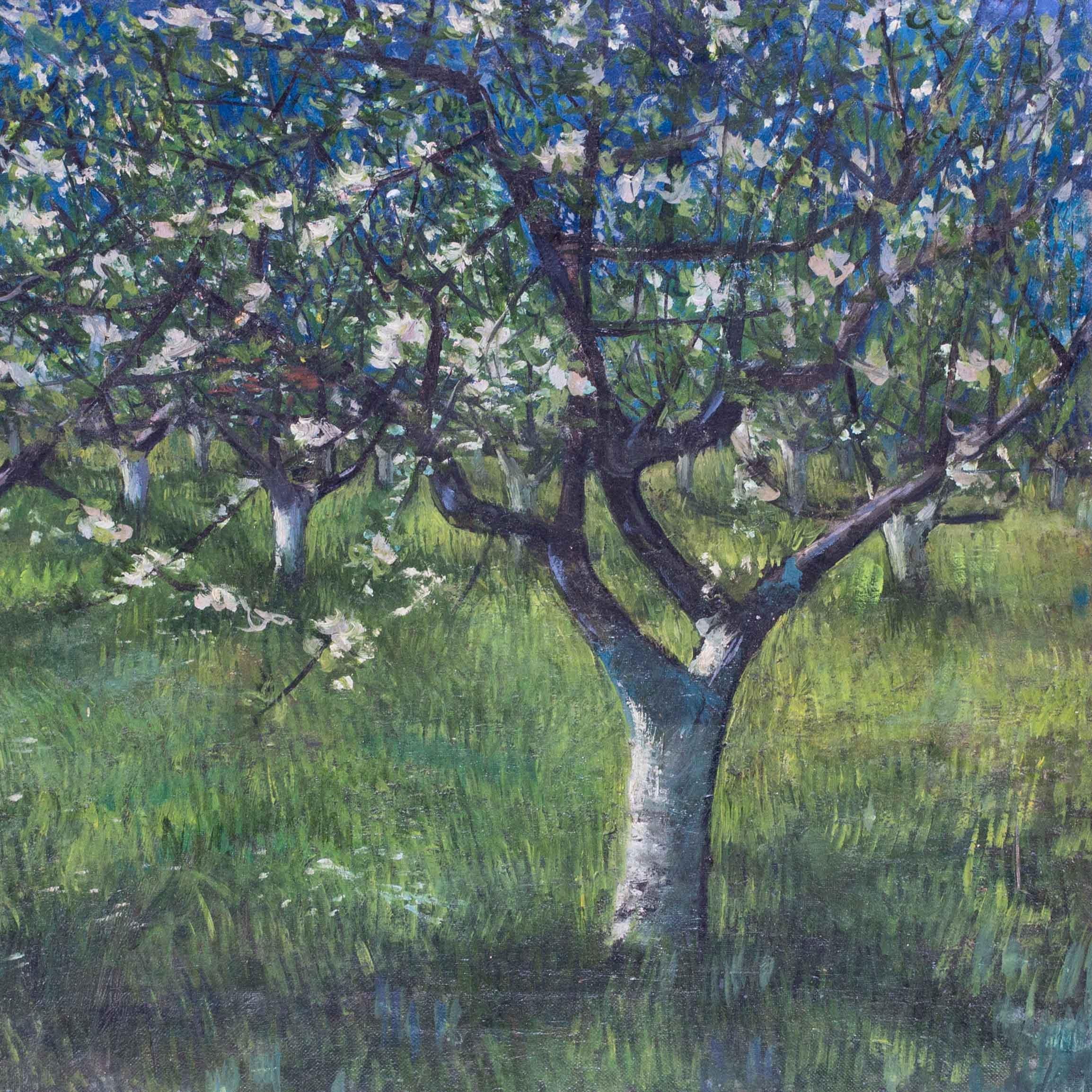 Peinture à l'huile britannique de 1955 représentant une ferme à pommes par John Gilbey Bowles, en vert en vente 2