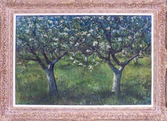 1955 British oil painting of an apple orchard by John Gilbey Bowles, in green