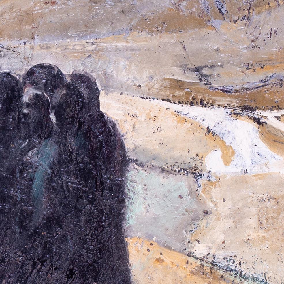 John Gilbey Bowles (Brite, 1929-2011)
Jesus und die Jünger in der Wüste
Signiert 'J BOWLES' (unten rechts)
Öl auf Karton
22 ¾ x 27 ⅝ in. (57,8 x 70 cm)
Jesus und die Jünger in der Wüste ist ein eindrucksvolles Beispiel für den figurativen Stil von