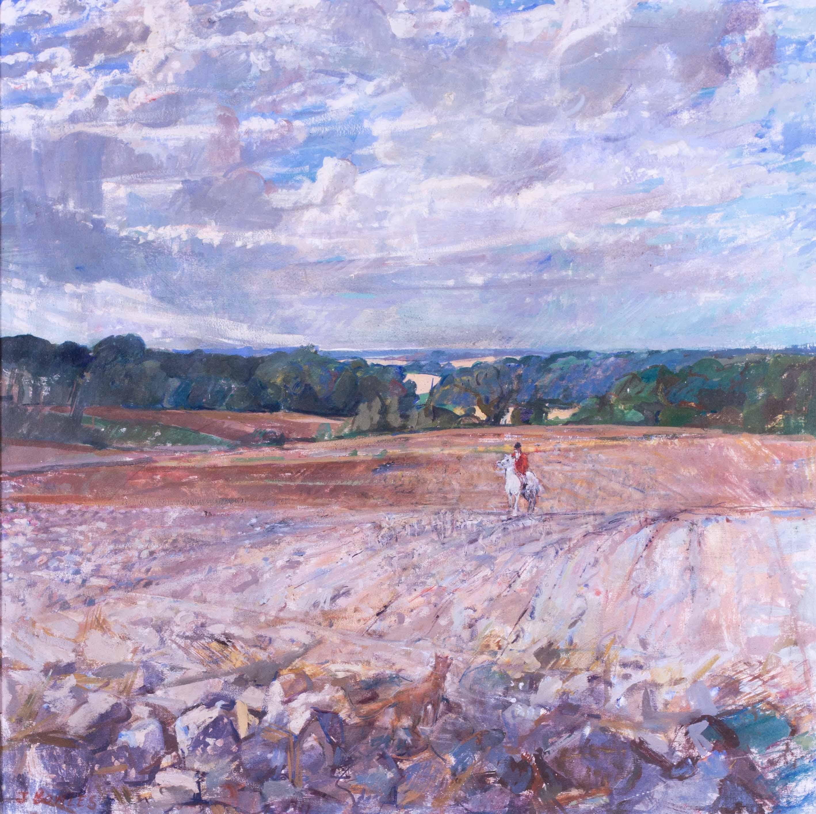 Großes Ölgemälde eines Fuchses und eines Jägers in der englischen Landschaft von John Bowles – Painting von John Gilbey Bowles