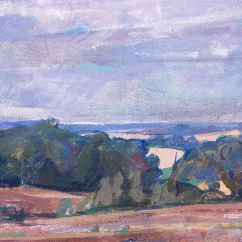 Großes Ölgemälde eines Fuchses und eines Jägers in der englischen Landschaft von John Bowles (Grau), Landscape Painting, von John Gilbey Bowles