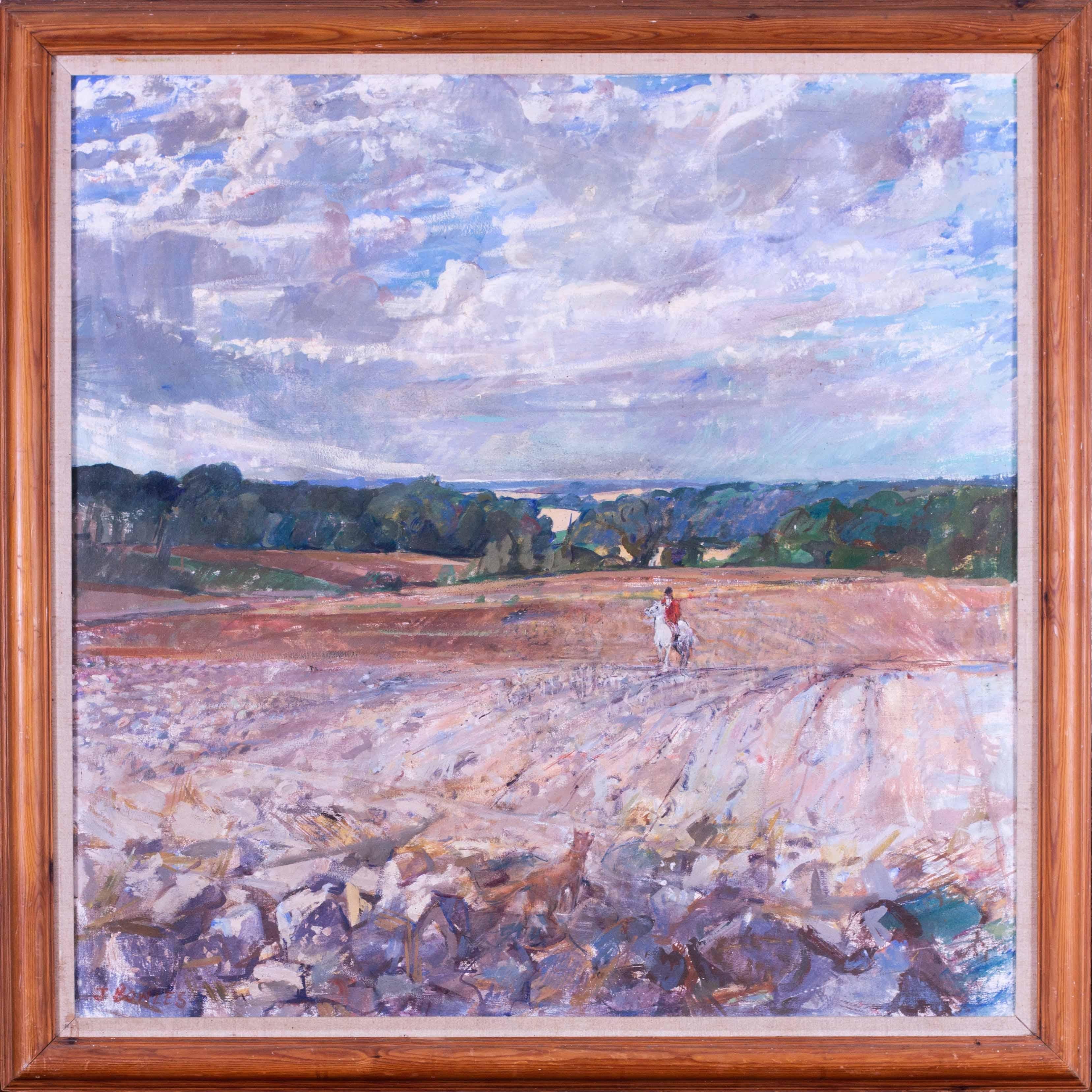 John Gilbey Bowles Landscape Painting – Großes Ölgemälde eines Fuchses und eines Jägers in der englischen Landschaft von John Bowles