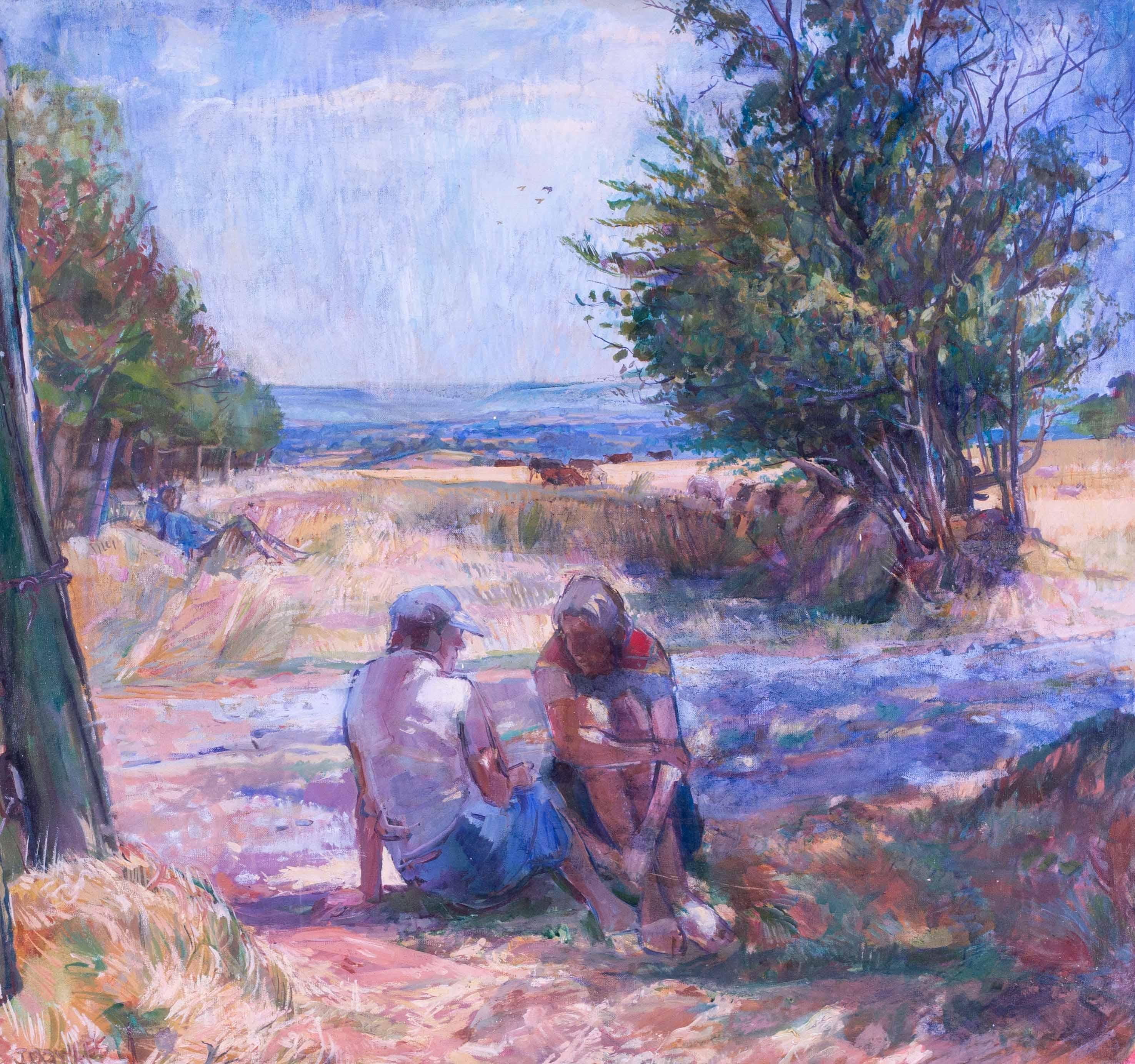 Grande peinture à l'huile d'Edna et Daphne, South Downs, West Sussex, 1977 John Bowles en vente 2