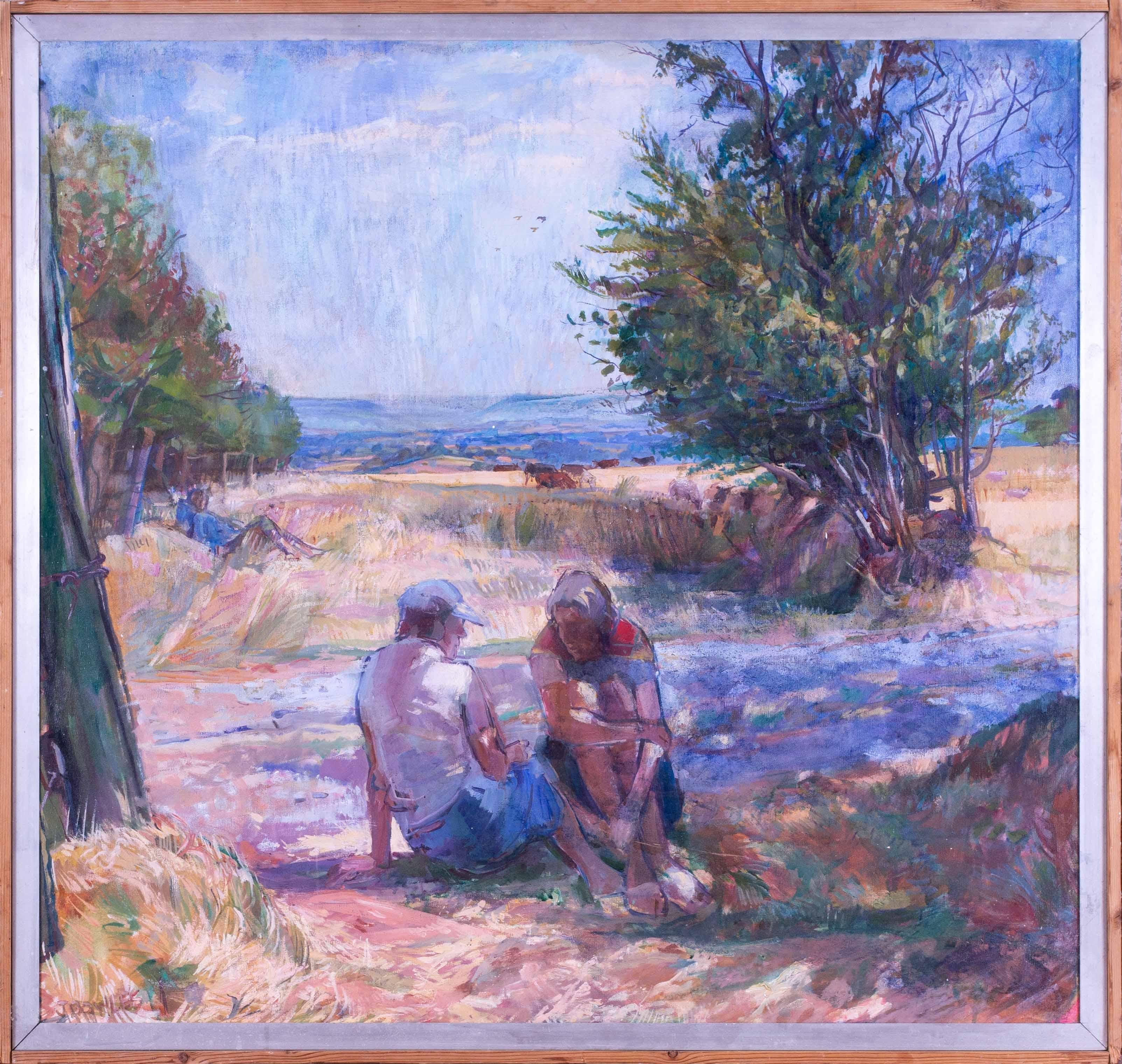 Landscape Painting John Gilbey Bowles - Grande peinture à l'huile d'Edna et Daphne, South Downs, West Sussex, 1977 John Bowles