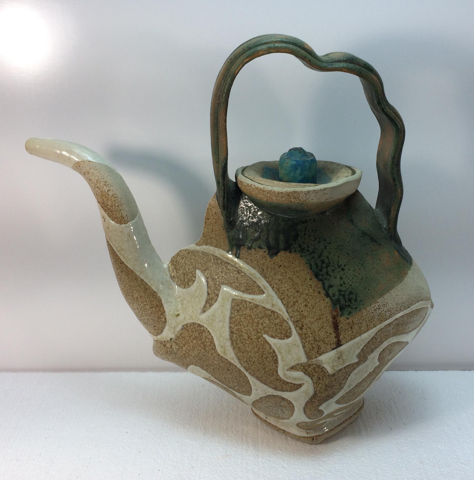 John Gill studio art pottery ewer abstract hand thrown raised glazed decoration. Signed and dated 1984 on the bottom. Gill was born in 1949. His work is part of many museums permanent art pottery collections. This vintage abstract ceramic is in