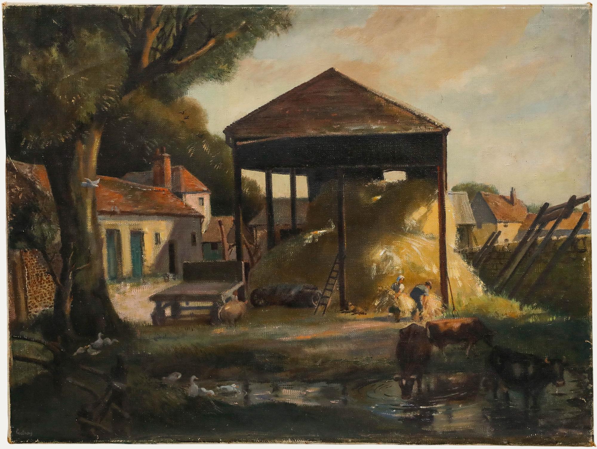Une grande peinture à l
huile de John Thomas Young Gilroy (1898-1985) capturant la fin de la journée dans une ferme en activité. Au premier plan, un couple rassemble des bottes de paille pour la litière des animaux, tandis que le bétail se promène