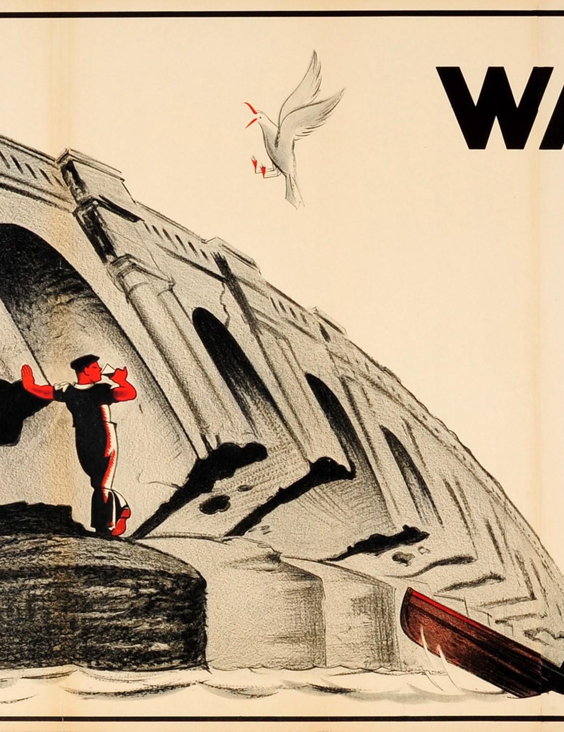 Large Original Vintage Guinness Poster Waterloo Bridge Is Coming Down Drink Ad - Beige Print by John Gilroy