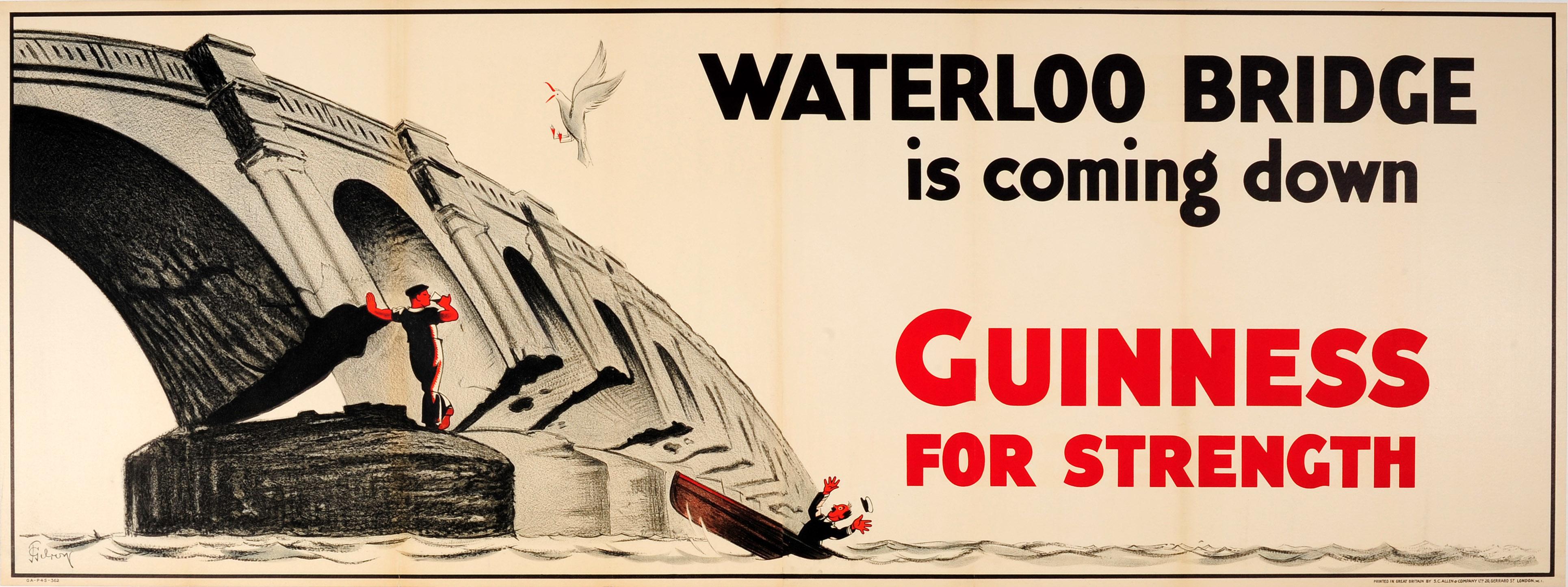 John Gilroy Print - Large Original Vintage Guinness Poster Waterloo Bridge Is Coming Down Drink Ad