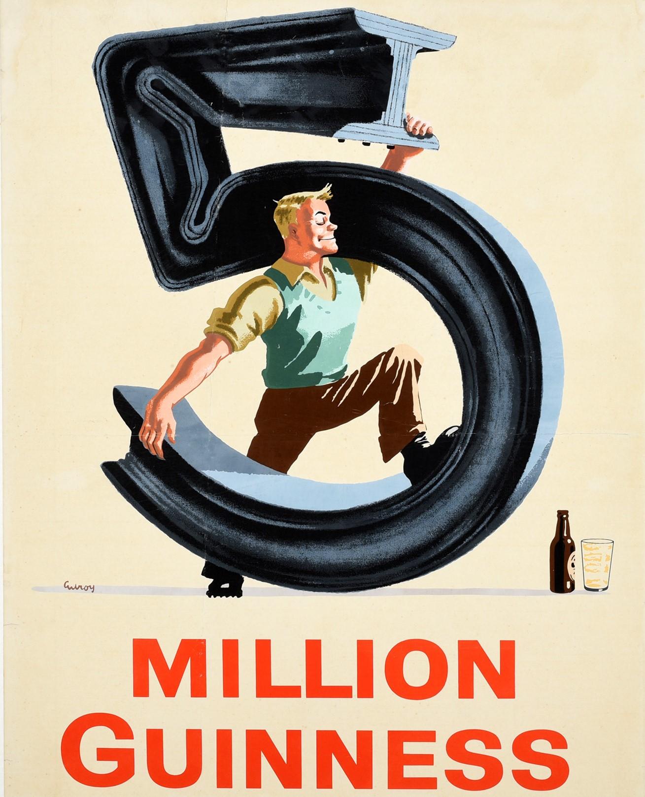 Original Vintage-Werbeplakat für das Kultgetränk Guinness Irish Stout Bier - 5 Millionen Guinness für Stärke jeden Tag - mit einem lächelnden Mann, der einen Metallträger mit Leichtigkeit in die Form der Zahl fünf biegt, ihn mit beiden Armen hält