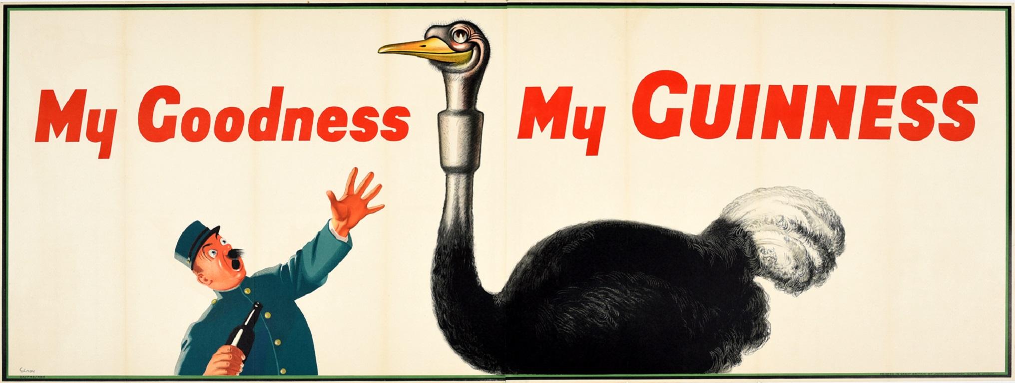 John Gilroy Print - Original Vintage My Goodness My Guinness Poster Stout Beer Ad Ostrich Zoo Keeper