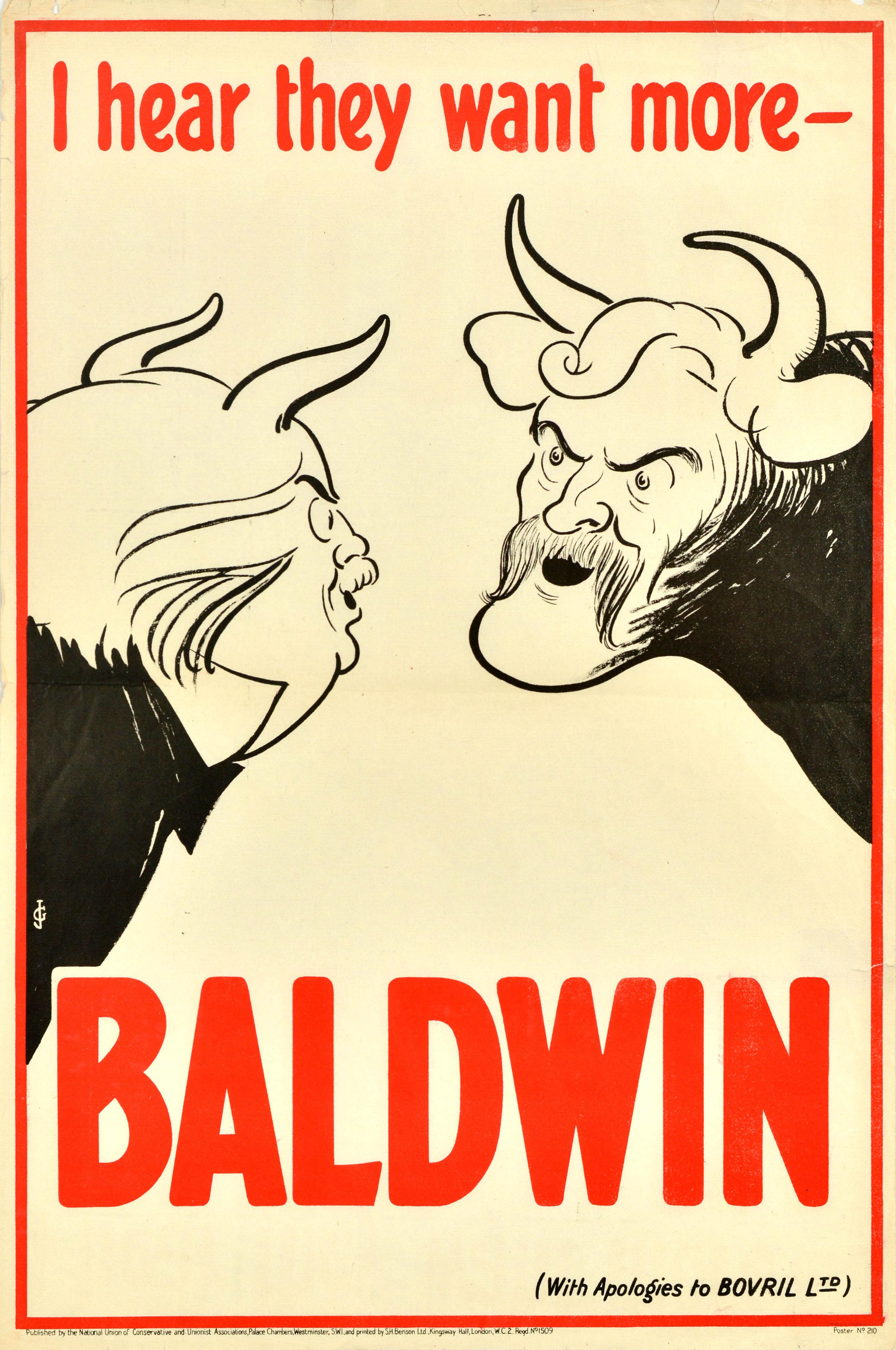 John Gilroy Print – Originales Vintage Politisches Propagandaplakat Baldwin Bovril Britische Wahlen, Vintage