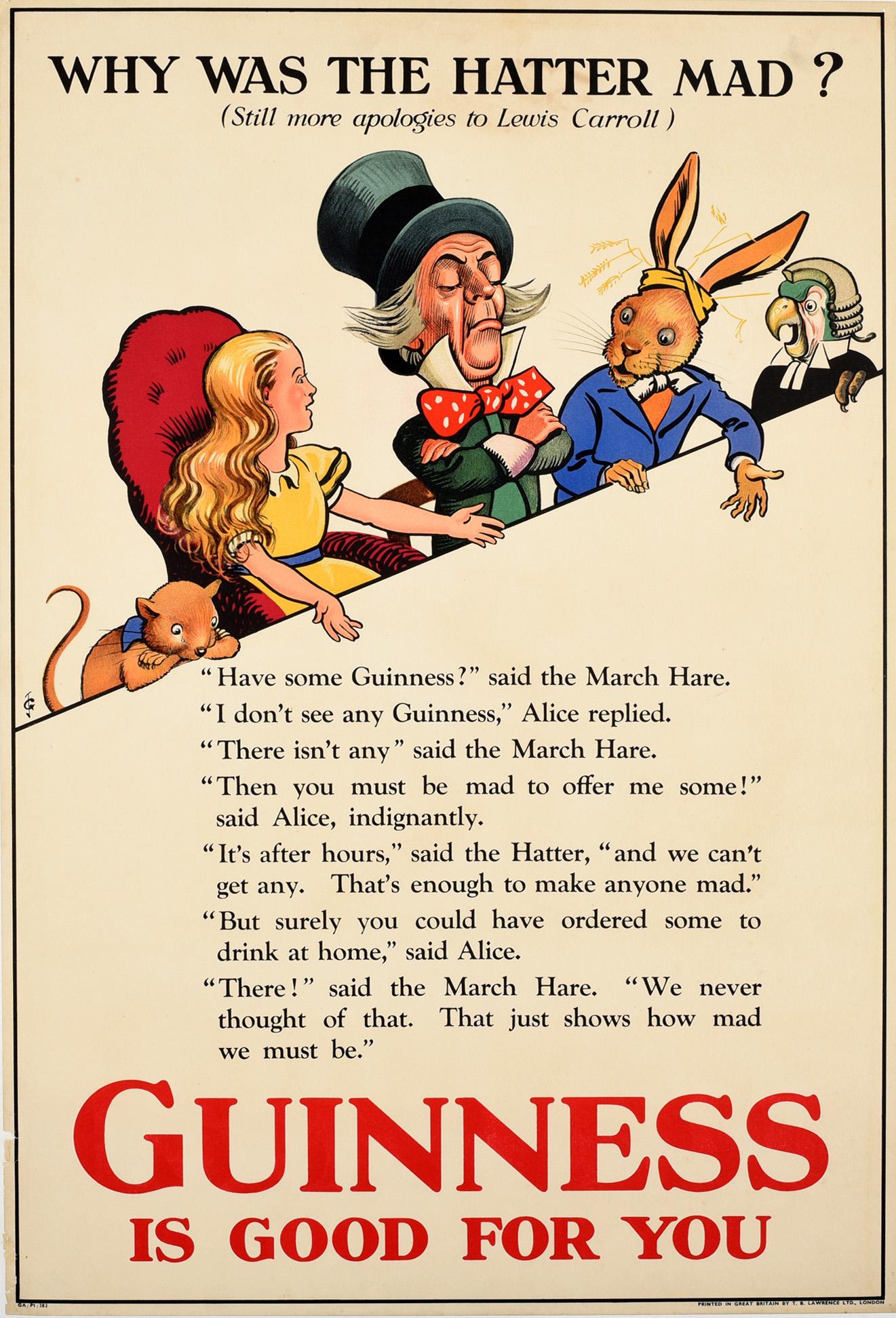 John Gilroy Print - Original Vintage Poster Guinness Is Good For You Alice In Wonderland Mad Hatter