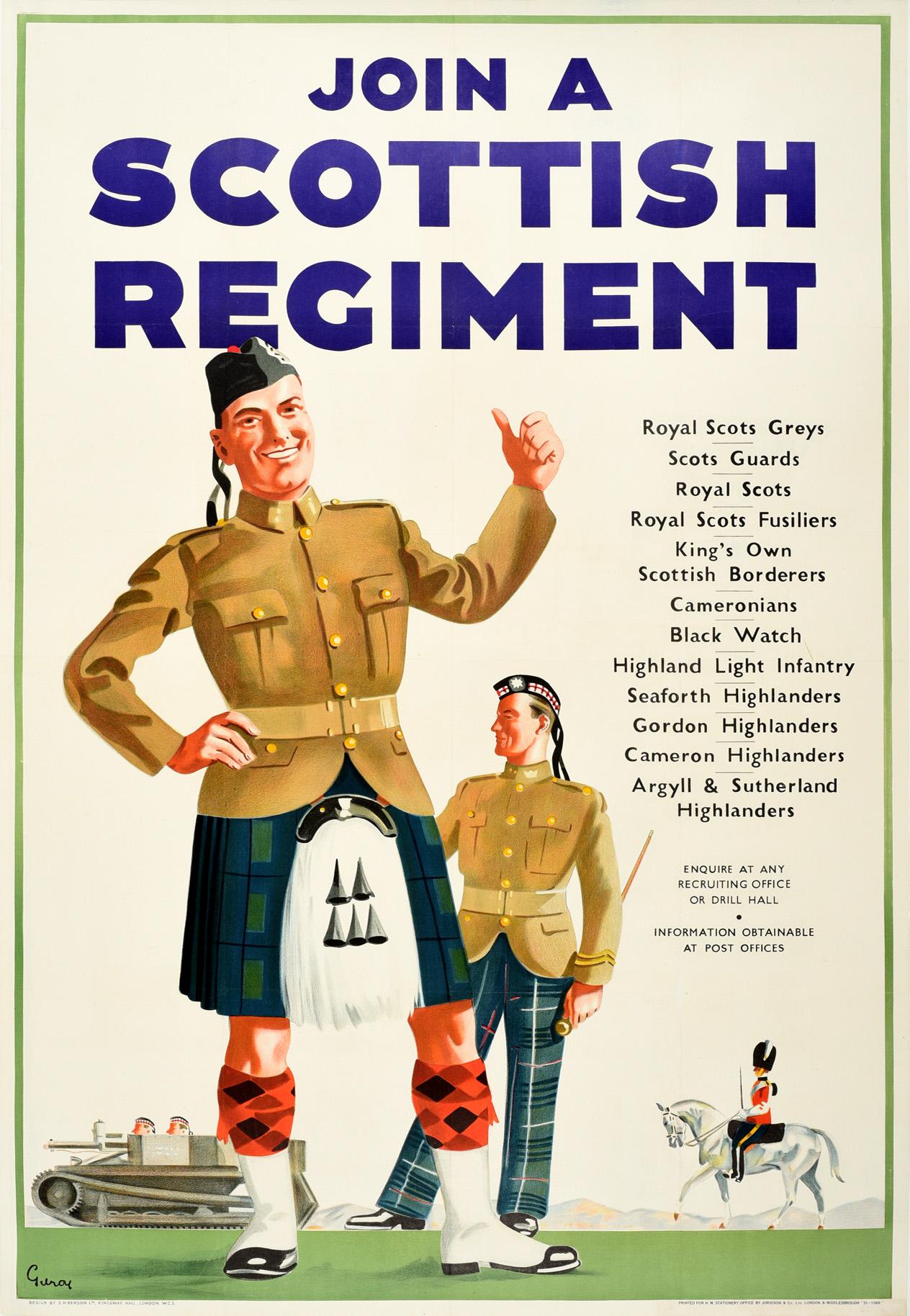 Original Vintage Poster Join A Scottish Regiment Army Military Recruitment Guard