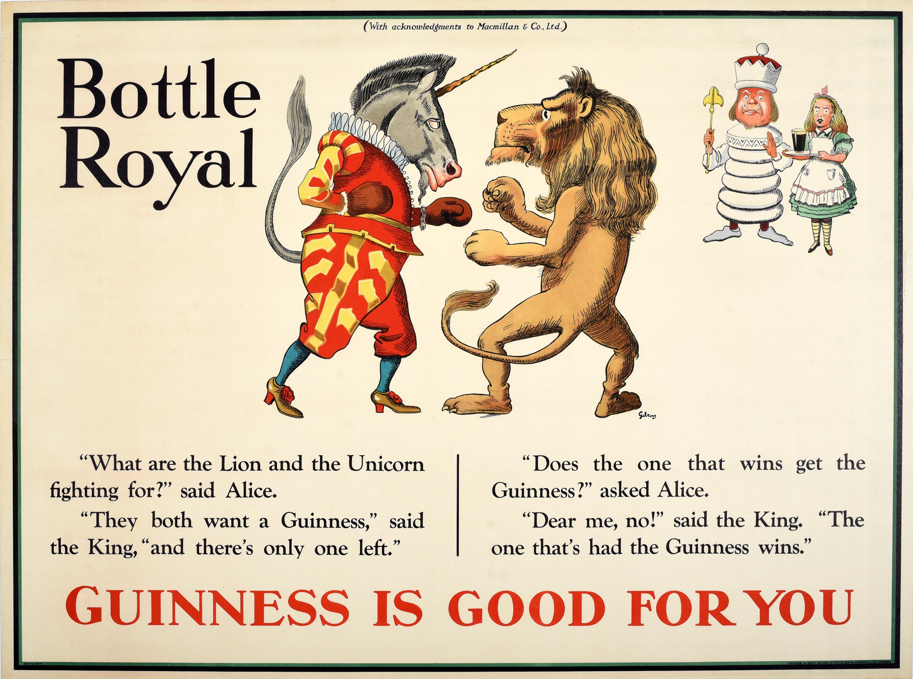 Rare original vintage Guinness advertising poster - Bottle Royal Guinness Is Good For You - featuring a fun Alice in Wonderland themed illustration by the notable artist John Gilroy (John Thomas Young Gilroy; 1898-1985) depicting a unicorn and lion