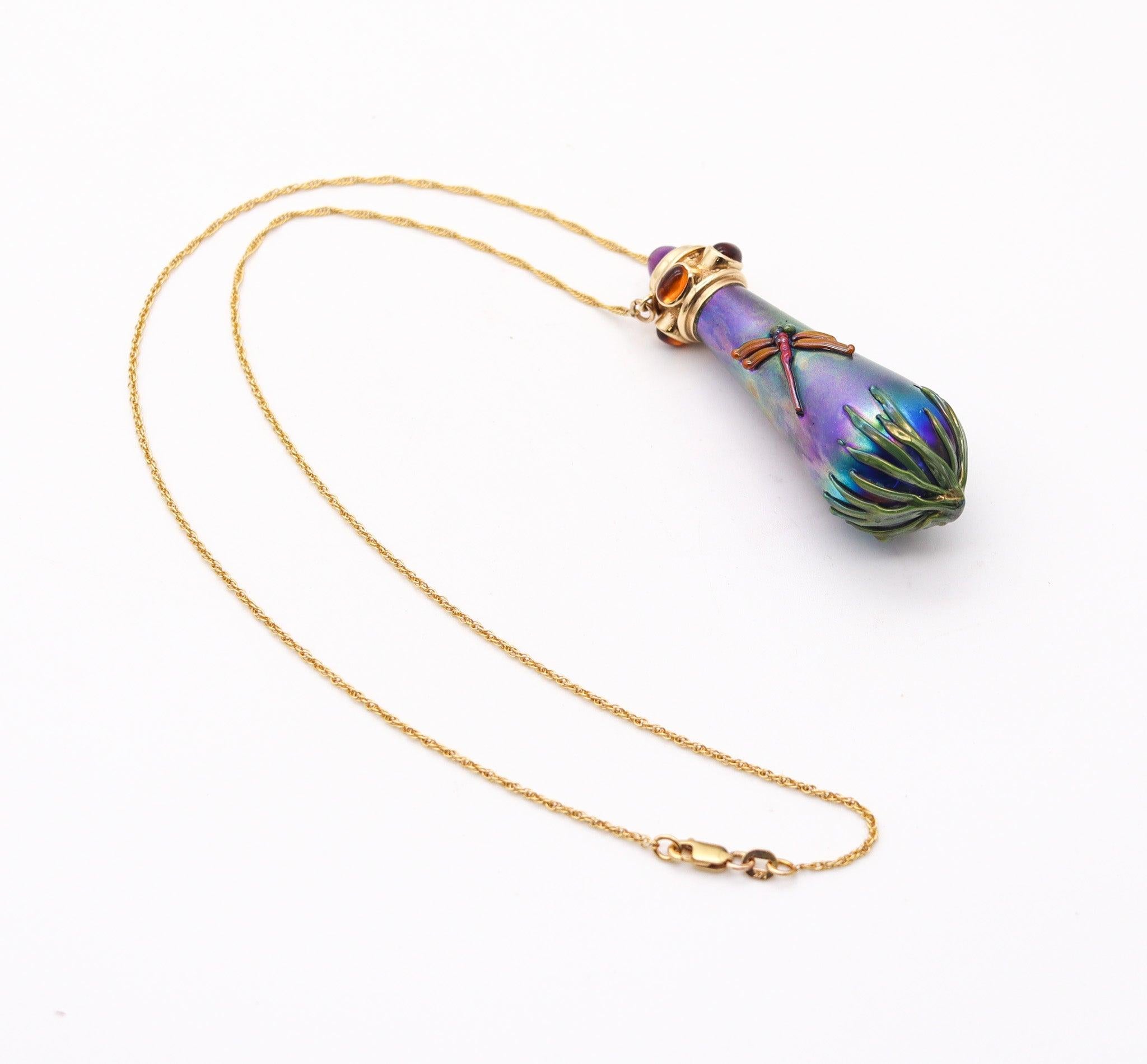 Modernist JOHN GILVEY Art-Glass Perfume Bottle Necklace In 14Kt Gold With Gemstones For Sale