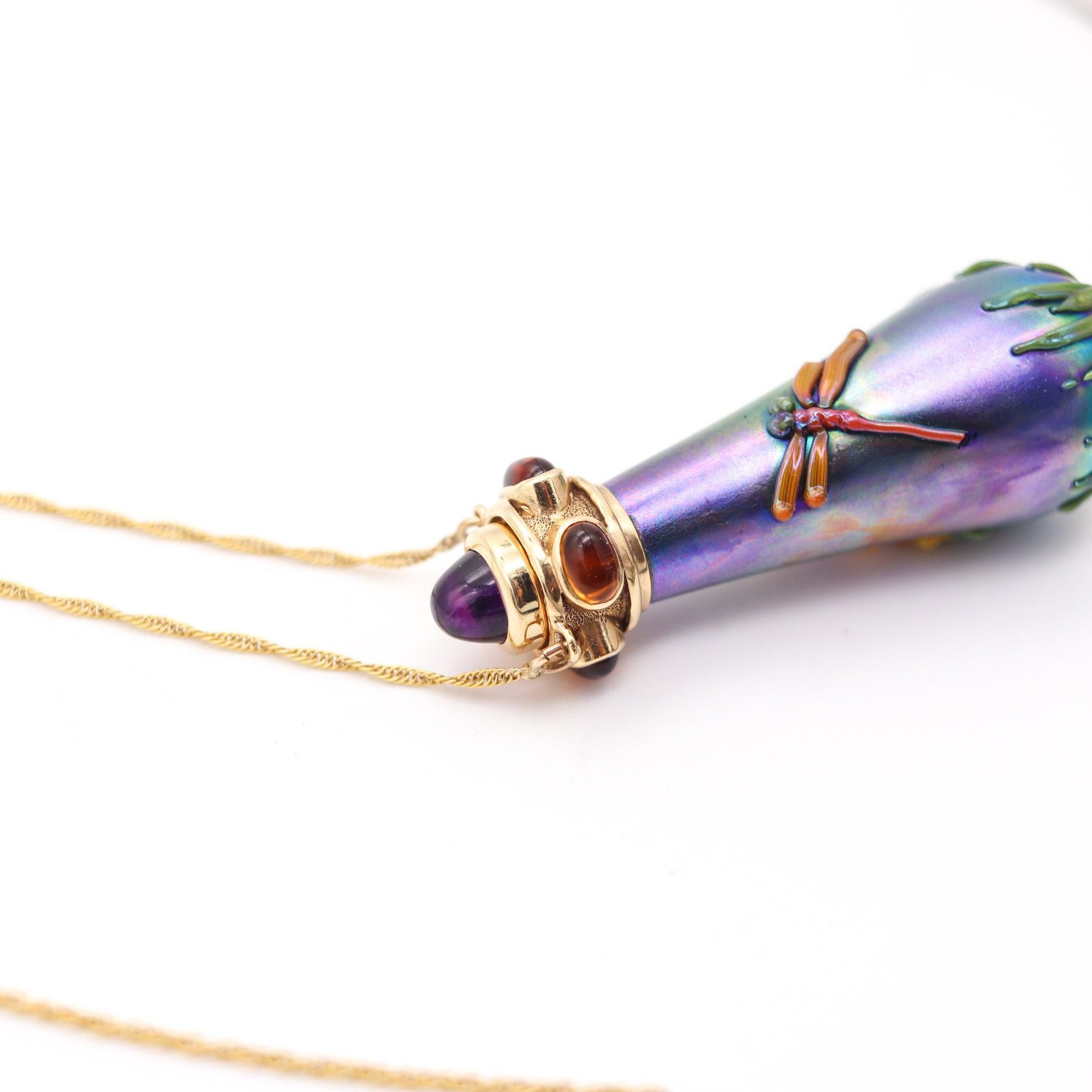Sugarloaf Cabochon JOHN GILVEY Art-Glass Perfume Bottle Necklace In 14Kt Gold With Gemstones For Sale