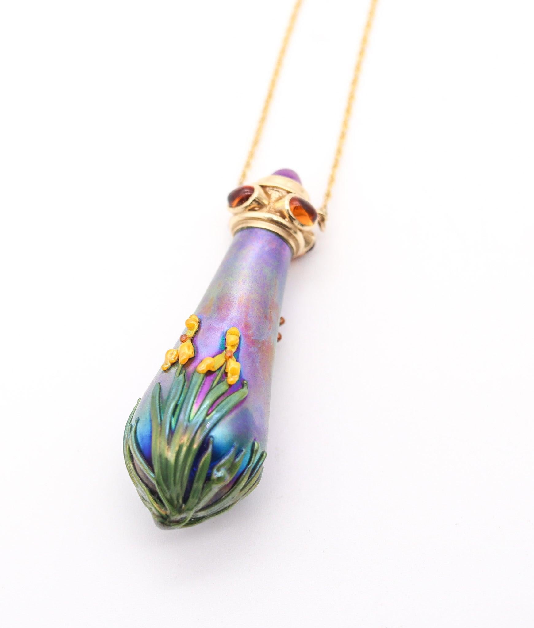 JOHN GILVEY Art-Glass Perfume Bottle Necklace In 14Kt Gold With Gemstones In Excellent Condition For Sale In Miami, FL