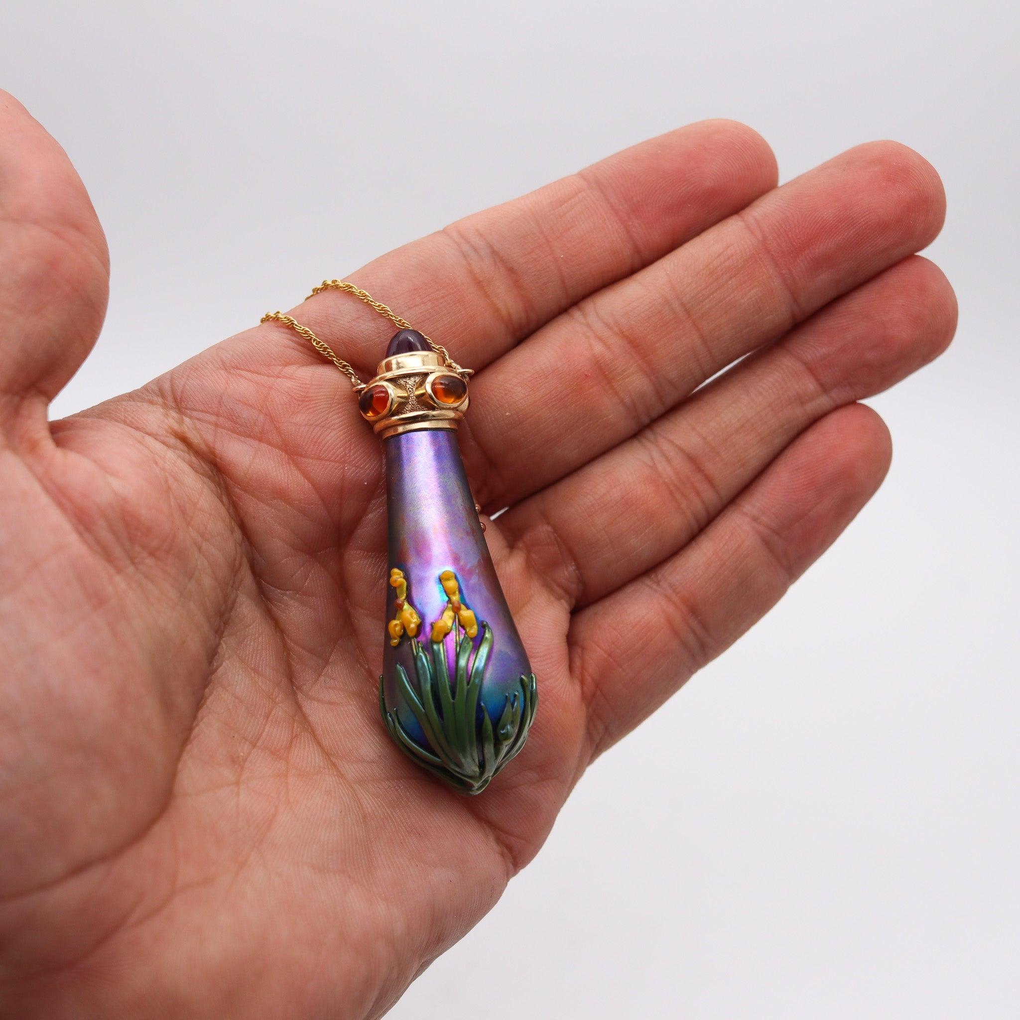 JOHN GILVEY Art-Glass Perfume Bottle Necklace In 14Kt Gold With Gemstones For Sale 1