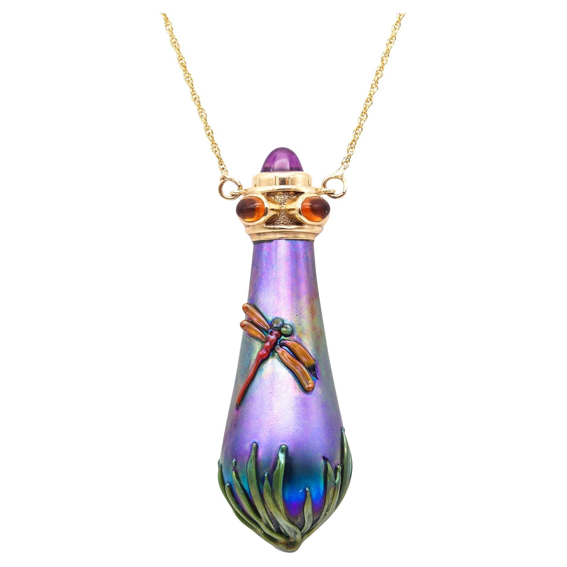 JOHN GILVEY Art-Glass Perfume Bottle Necklace In 14Kt Gold With Gemstones For Sale