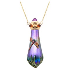 JOHN GILVEY Art-Glass Perfume Bottle Necklace In 14Kt Gold With Gemstones
