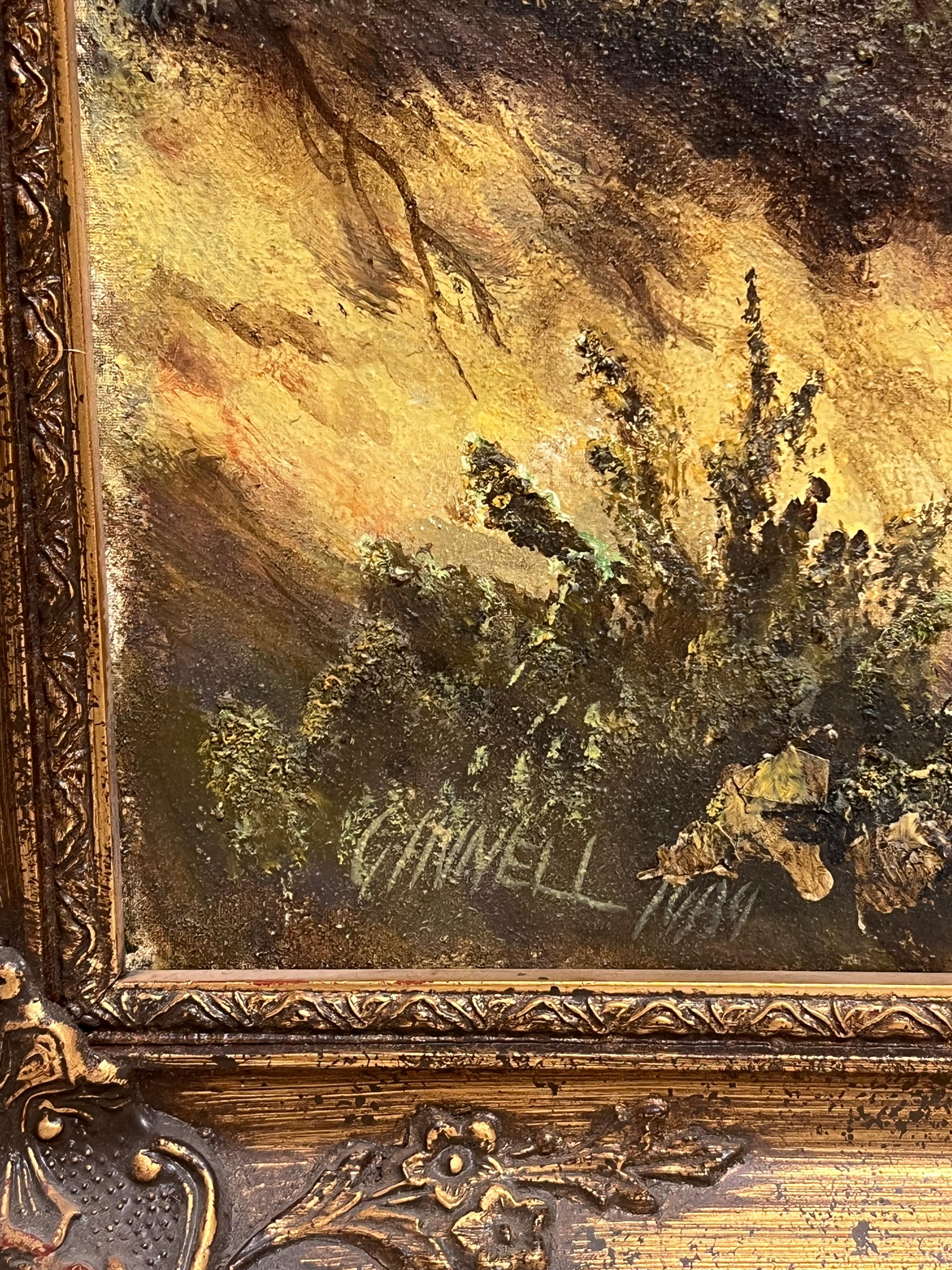 Paysage rural anglais traditionnel Cheval et charrette avec personnages et chien Grande huile en vente 6