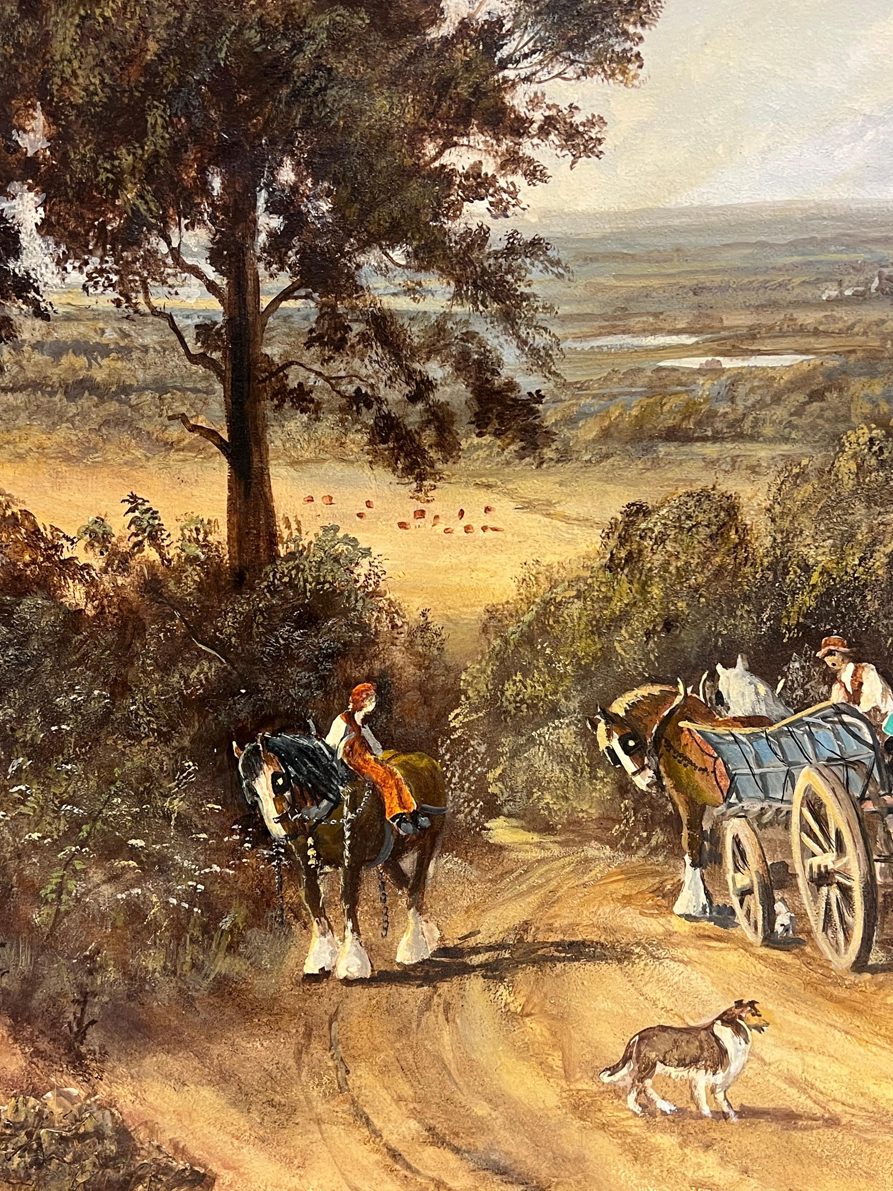 Paysage rural anglais traditionnel Cheval et charrette avec personnages et chien Grande huile en vente 11