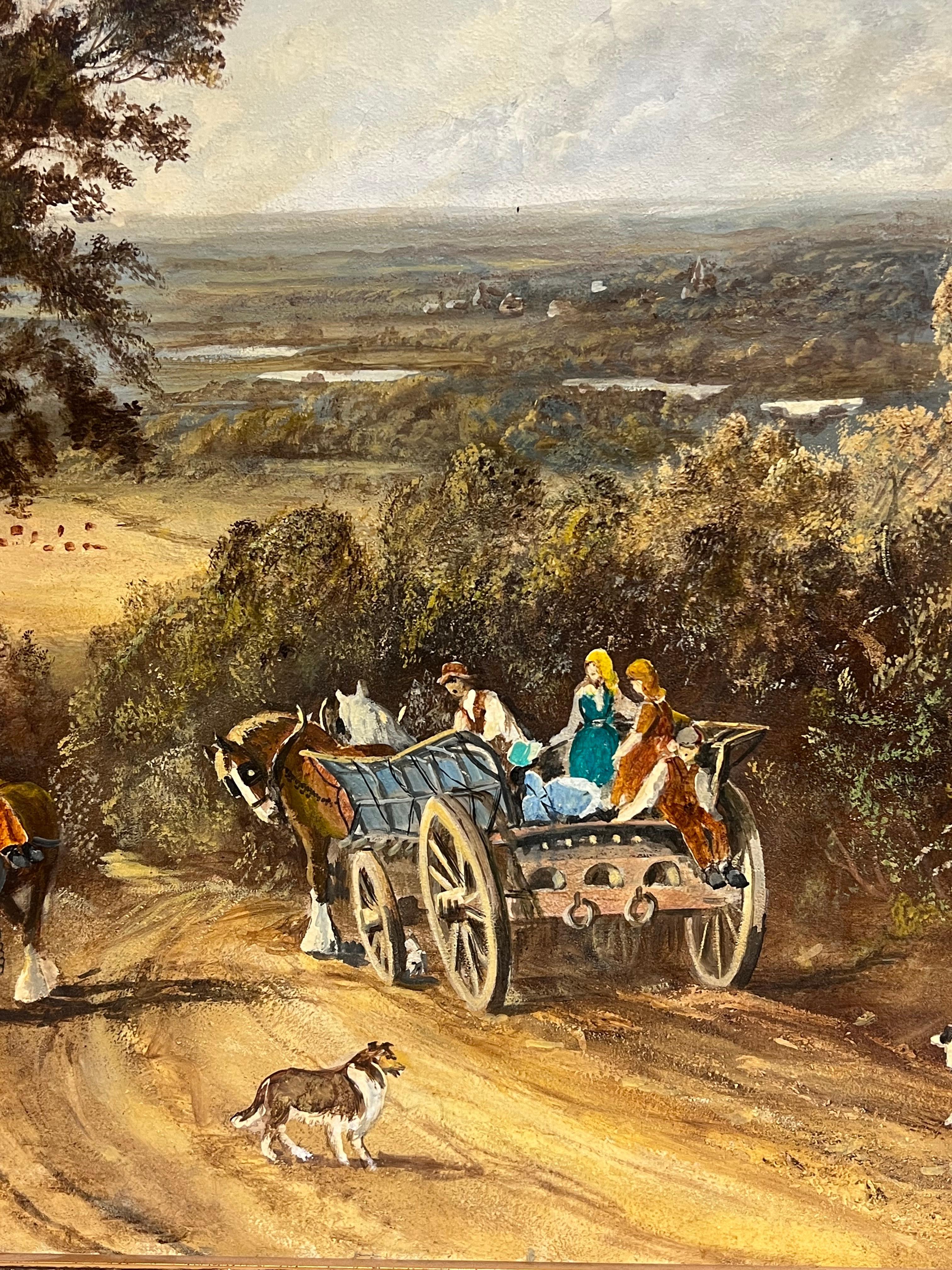 Paysage rural anglais traditionnel Cheval et charrette avec personnages et chien Grande huile en vente 12